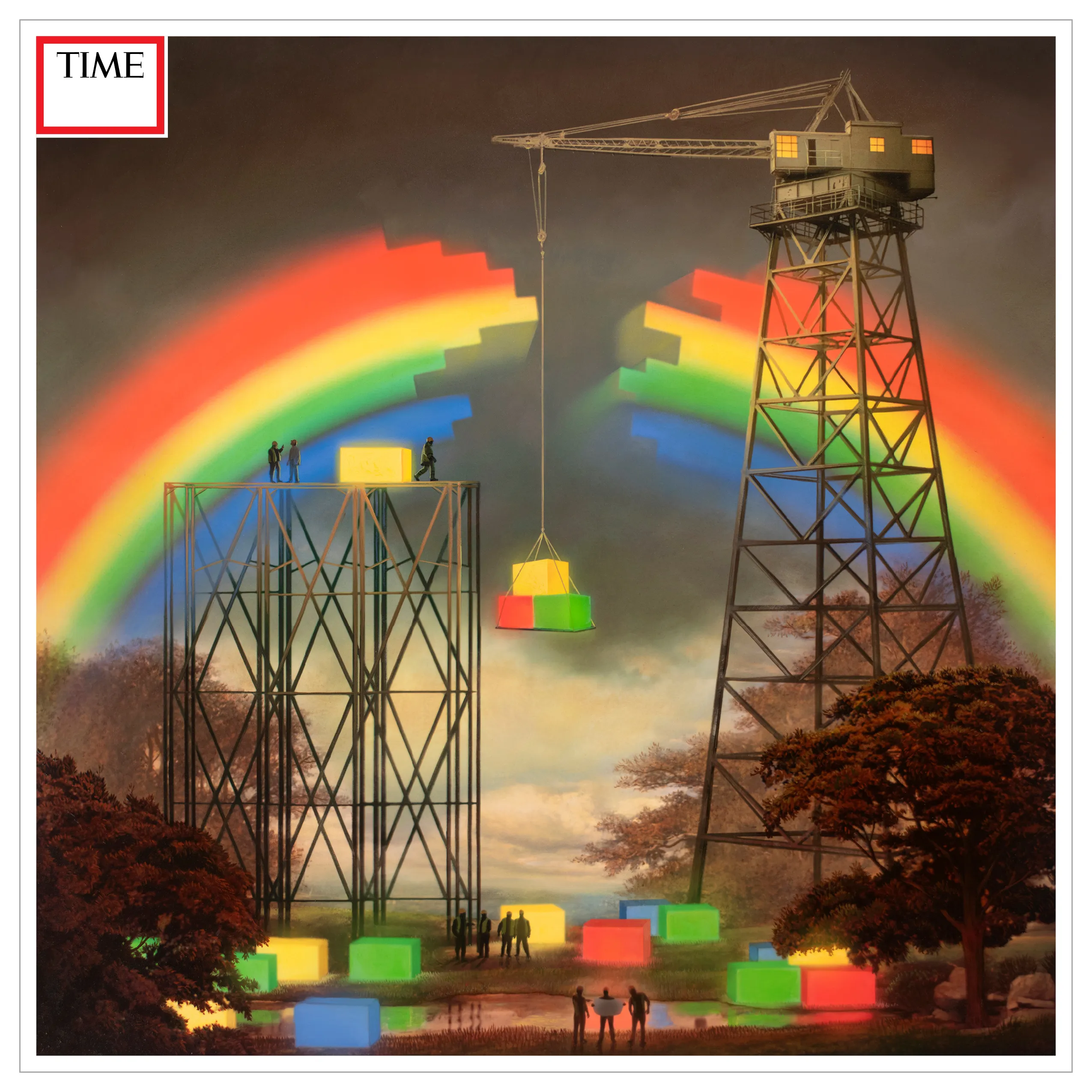 Tim O'Brien. This work represents the hard, dirty, work of building a better, brighter future. It takes time, coordination, but the beautiful results make the effort worth the struggle. Original piece is a 12” x 12” oil painting on panel.