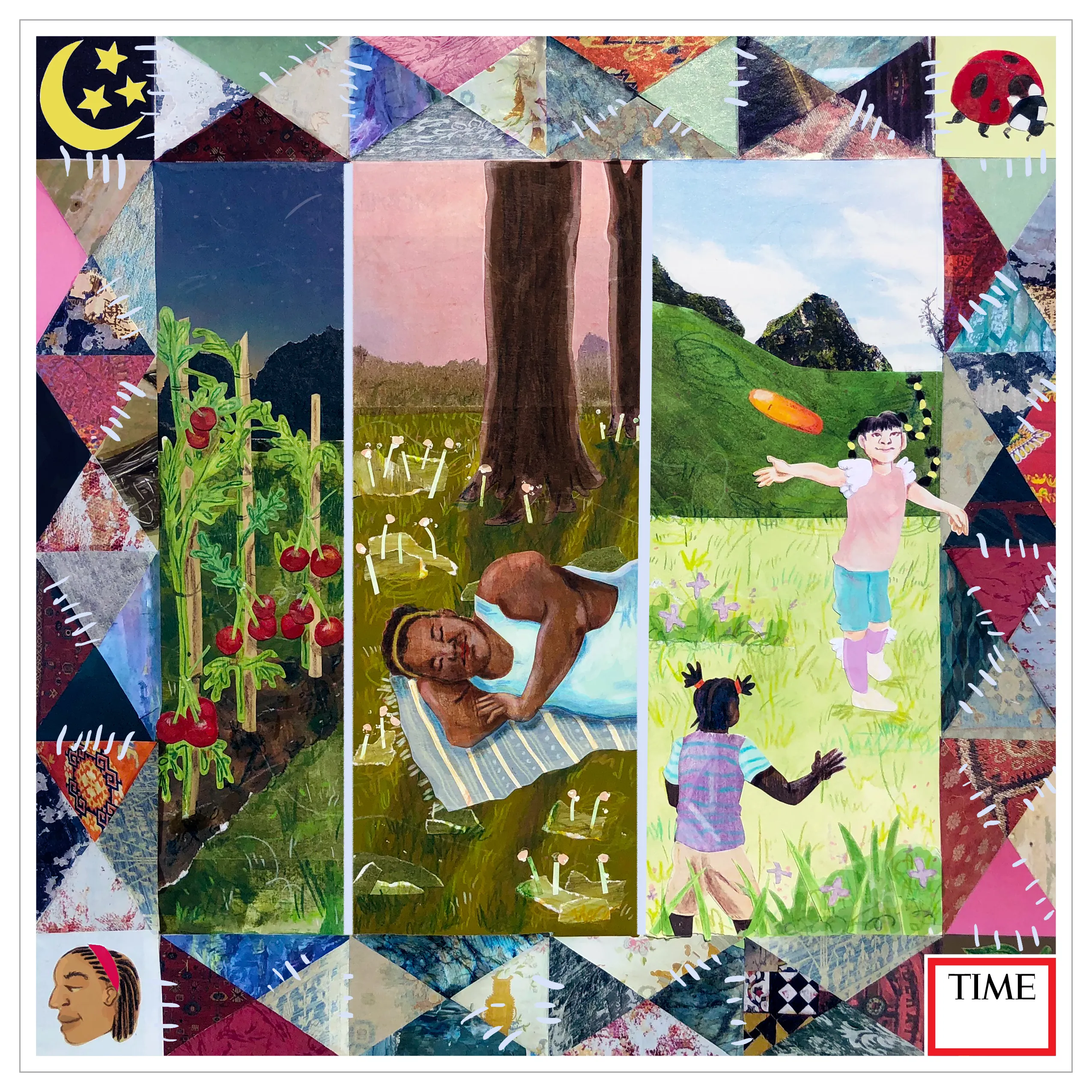 Sarah Kanu. With this collage, I wish to pay tribute and express gratitude for all the black artists, caregivers, and community workers actively building the better future we/I speak of here. Creating a world where all peoples are freed, where we do not rely on consistent labor to ensure we maintain a living on this planet. It is a world of abundant joy, understanding, compassion, and care. 
The three central panels of this piece represent growth, rest, and play, themes that are most present in the work I create for myself—full of depictions of nature and the outdoors, black ease, and mundane beauty and collectivity.  
The overall composition surrounded by patterns akin to a quilt references artists such as Faith Ringgold, Betye Saar, and other current fine artists I admire who speak to the tradition of recalling and archiving history through craft and passing on knowledge to future generations.