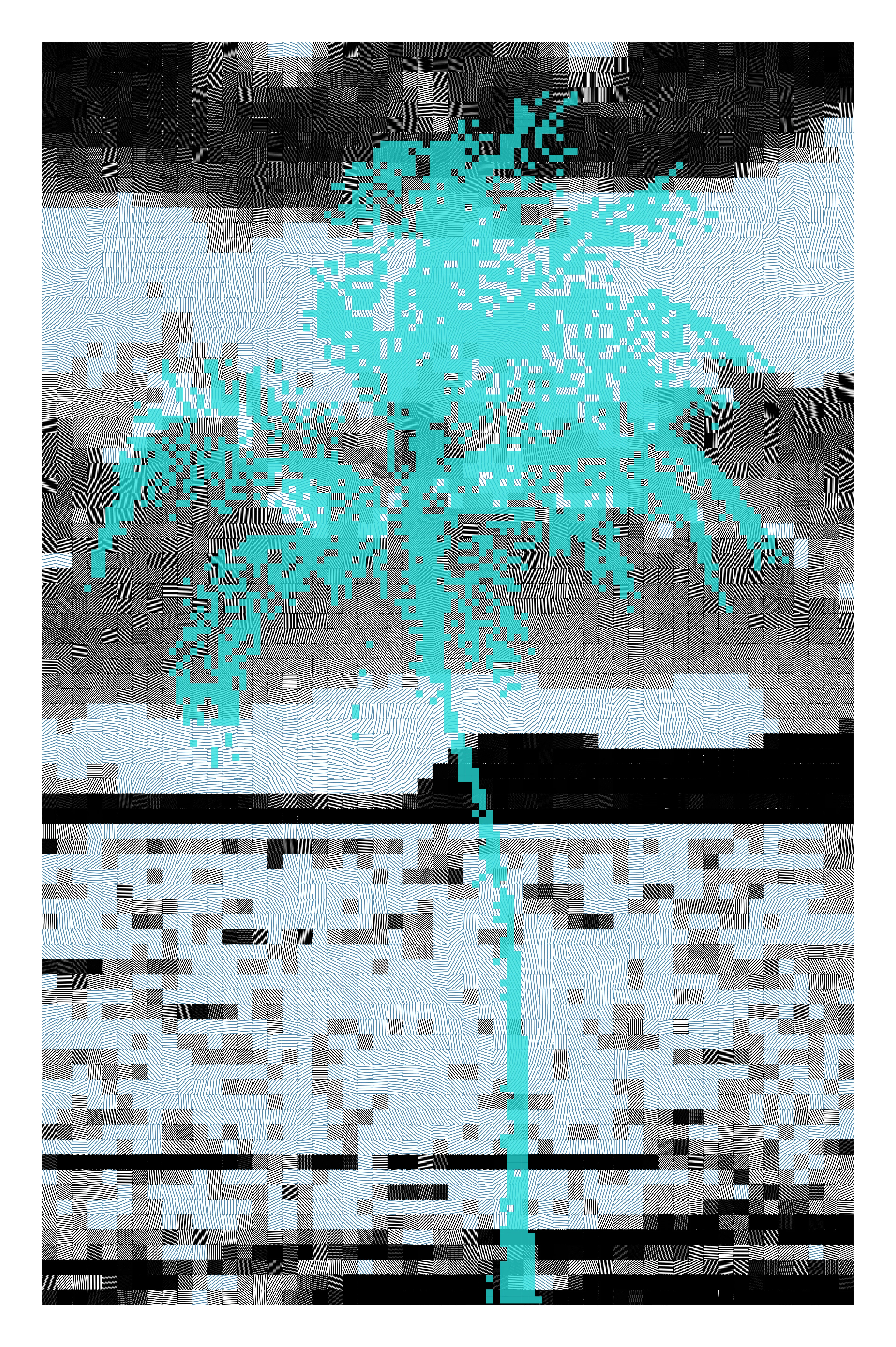 Pixography is the fusion of generative art, photography, and pen plotters to create an entirely new form. Each NFT is based on photographs taken by the artist and randomly generated trees and colors. 

**Physical Plotter Painting**
The winning bidder will receive the NFT + a physical plotter rendition of the NFT. 
 
Size unframed: 20” x 30”
Medium: India ink and acrylic paint on heavyweight Bristol paper
Shipping: Included worldwide
 
DM me on Twitter if your contact info is not on your Foundation profile.

**Attributes**
Grid Lines: No
Background Colors: 2
Flow Type: Sharp angles
Trees: 1
Tree Type: Grid of pixels
Tree Spacing: None
