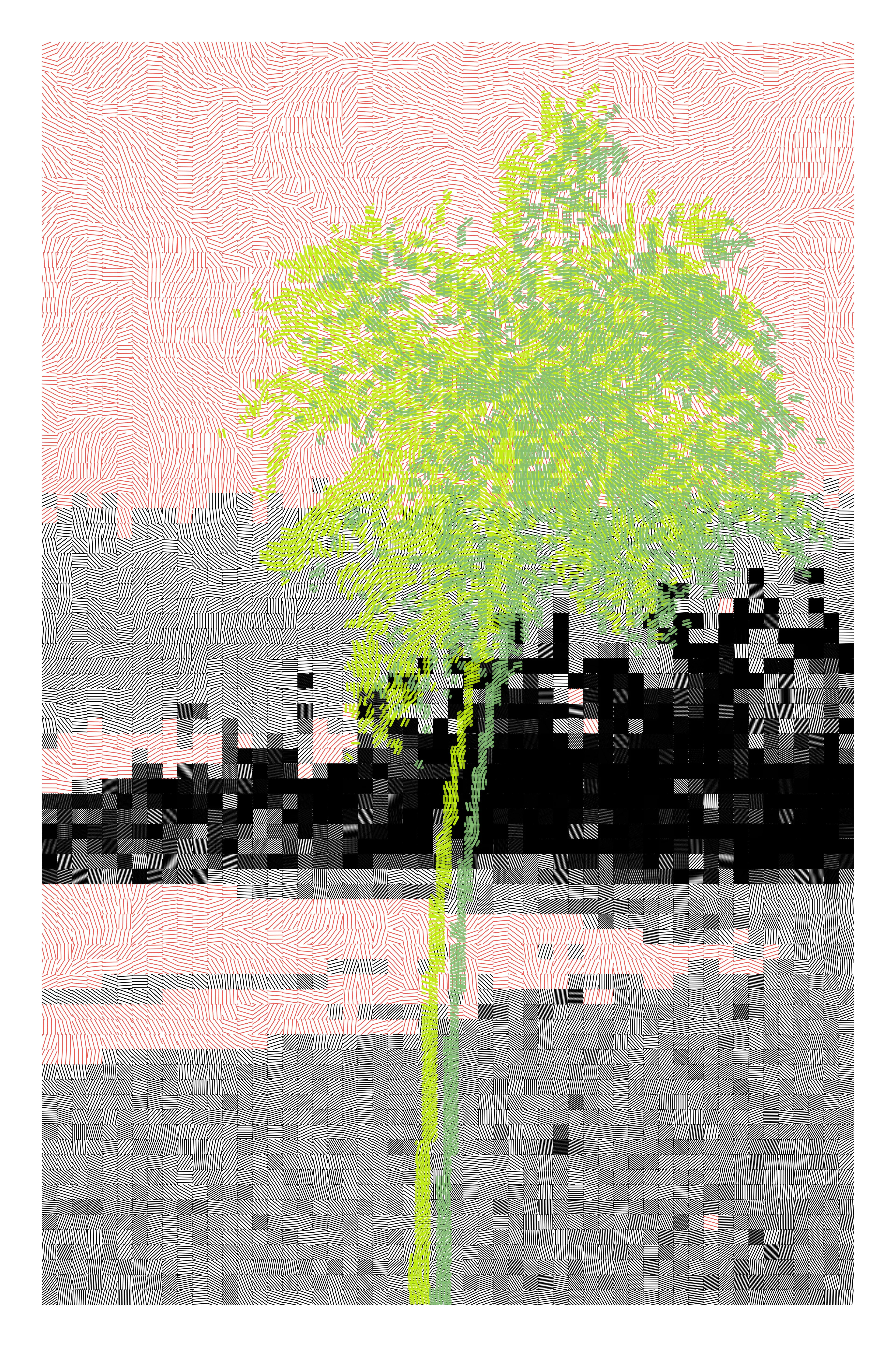 Pixography is the fusion of generative art, photography, and pen plotters to create an entirely new form. Each NFT is based on photographs taken by the artist and randomly generated trees and colors. 

**Physical Plotter Painting**
The winning bidder will receive the NFT + a physical plotter rendition of the NFT. 
 
Size unframed: 20” x 30”
Medium: India ink and acrylic paint on heavyweight Bristol paper
Shipping: Included worldwide
 
DM me on Twitter if your contact info is not on your Foundation profile.

**Attributes**
Grid Lines: No
Background Colors: 2
Flow Type: Sharp angles
Trees: 2
Tree Type: Flow lines
Tree Spacing: Overlapping

