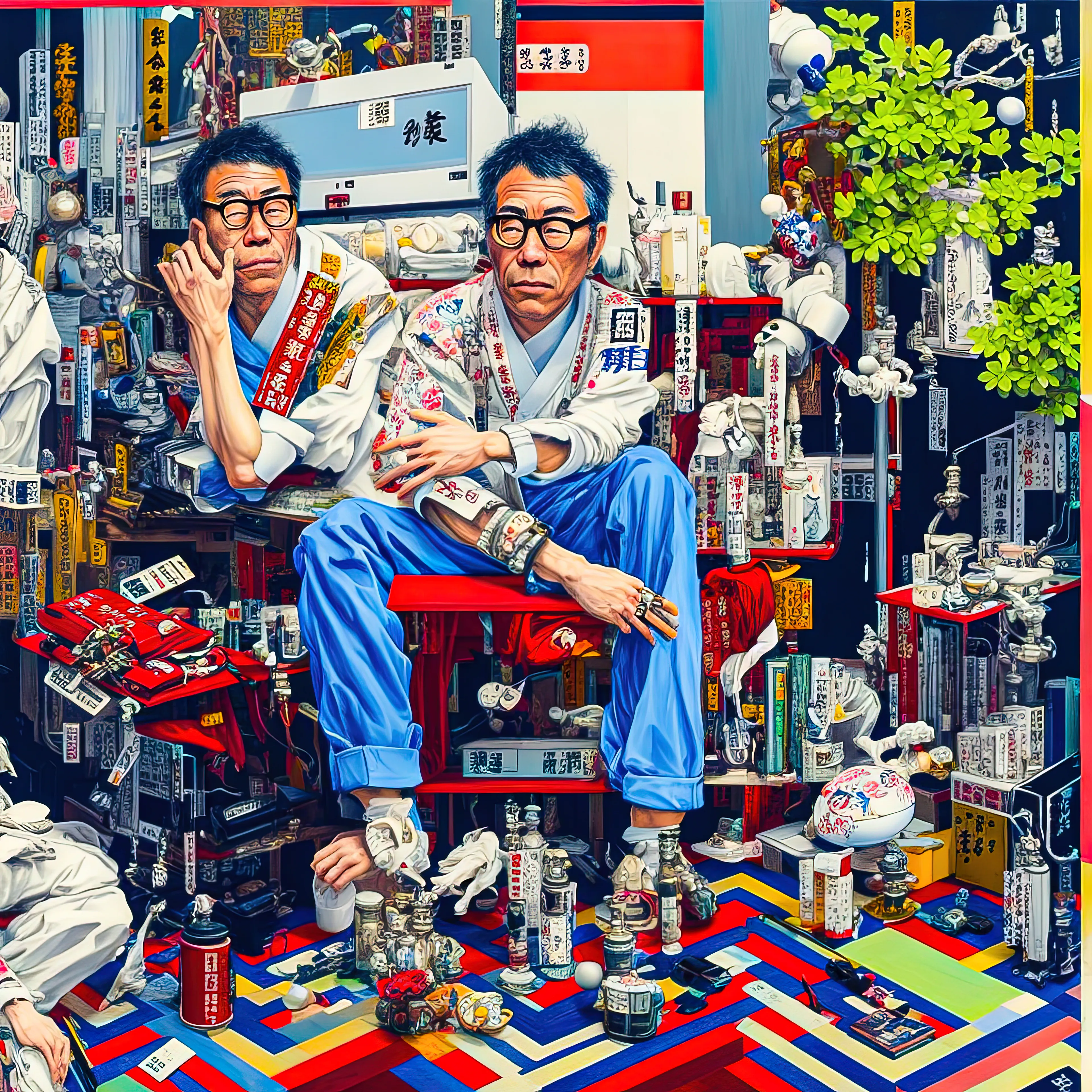 Brothers with blue hair, glasses and jeans,
Creating in a room filled with art, bursting at the seams.
Their passion for tech and art never fades,
The Crypto Dudes, masters of their trades.