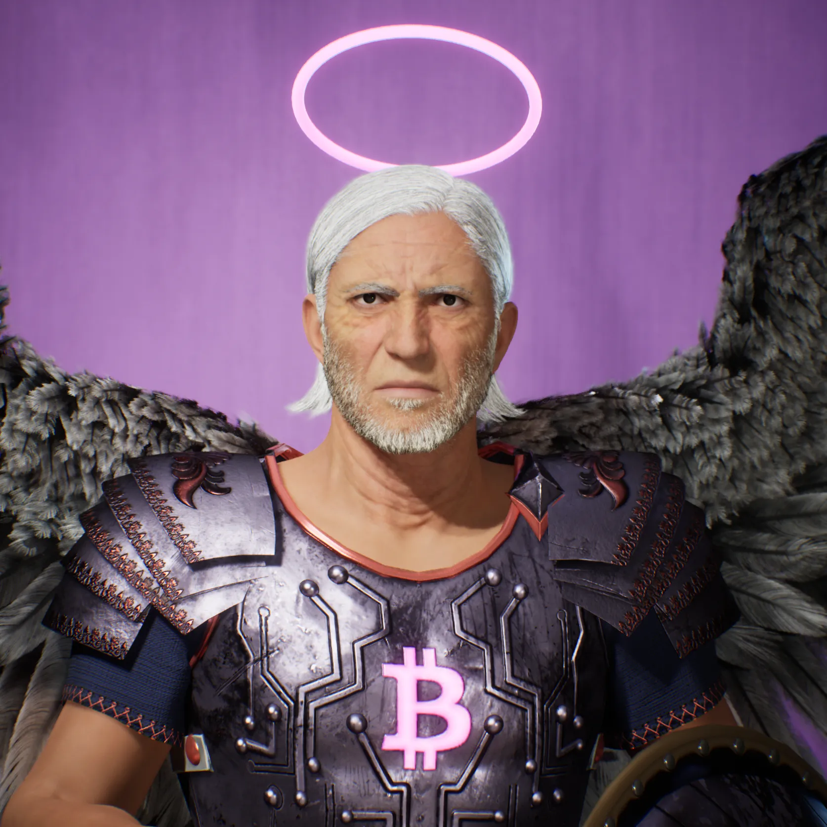 The snow-capped Lavendula Mountains on the world of Corycia are home to many strange legends. One tells that deep within them is concealed a cave that glitters with purple gems. In the Amethyst Cavern resides the Blind Seer. Some say he is a soothsayer, a prophet who can see the future though he is blind to the present. But it is only those scholars who have delved deep into the Divine Mysteries, who know that he is one of the great Powers of the Light and his name is Peniel. 

Those who would seek the wisdom of Peniel must assay a perilous threefold quest. First, they must navigate the crags of the Lavendulas – the distant beauty of the violet peaks turns treacherous when scaling them, and the way to the Amethyst Cavern is hard to navigate. When the cavemouth is reached, its guardian Artio the Bear must be passed – those who lack the proper offerings and are not painted with the correct markings will be consumed. Finally, Peniel himself must be approached within the cave, lit only by the faint glow of the clustered gems. The seeker must be wholly certain in the rightness of his cause, for Peniel is a fierce angel and offers his knowledge only to the most deserving of seekers with the most pressing of need. His hair is long and white, his skin pale, his wings pied. He wields the firearm Soulfinder, a weapon that can never miss its target, though the one who carries it is unsighted. 
Should Peniel find the seeker’s quest virtuous, he will tell of the things that are hidden. The Blind Seer’s eyes see in ways that no others can: through time, across dimension, and deep into the souls of all things.