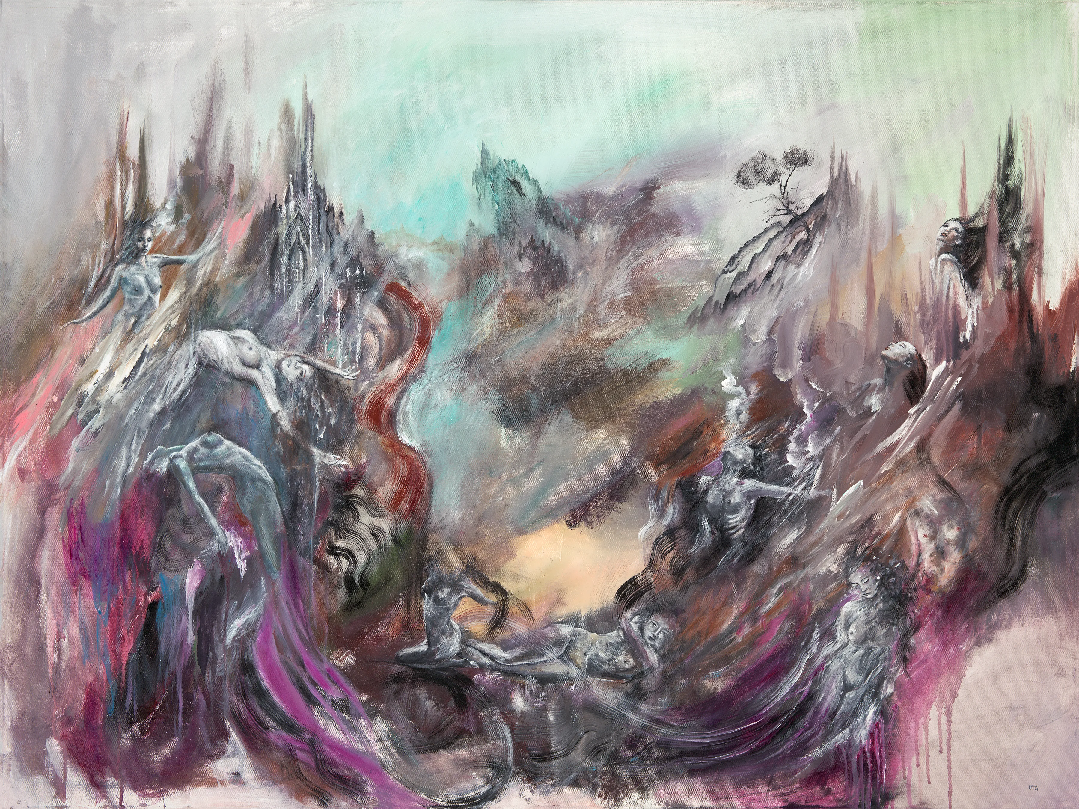 This painting is first part to "The Heart That Weaves". It shows the movement of life rising and falling. There's a lightness to it but with dark undertones and compared to "The Heart That Weaves" which is decidedly darker. 