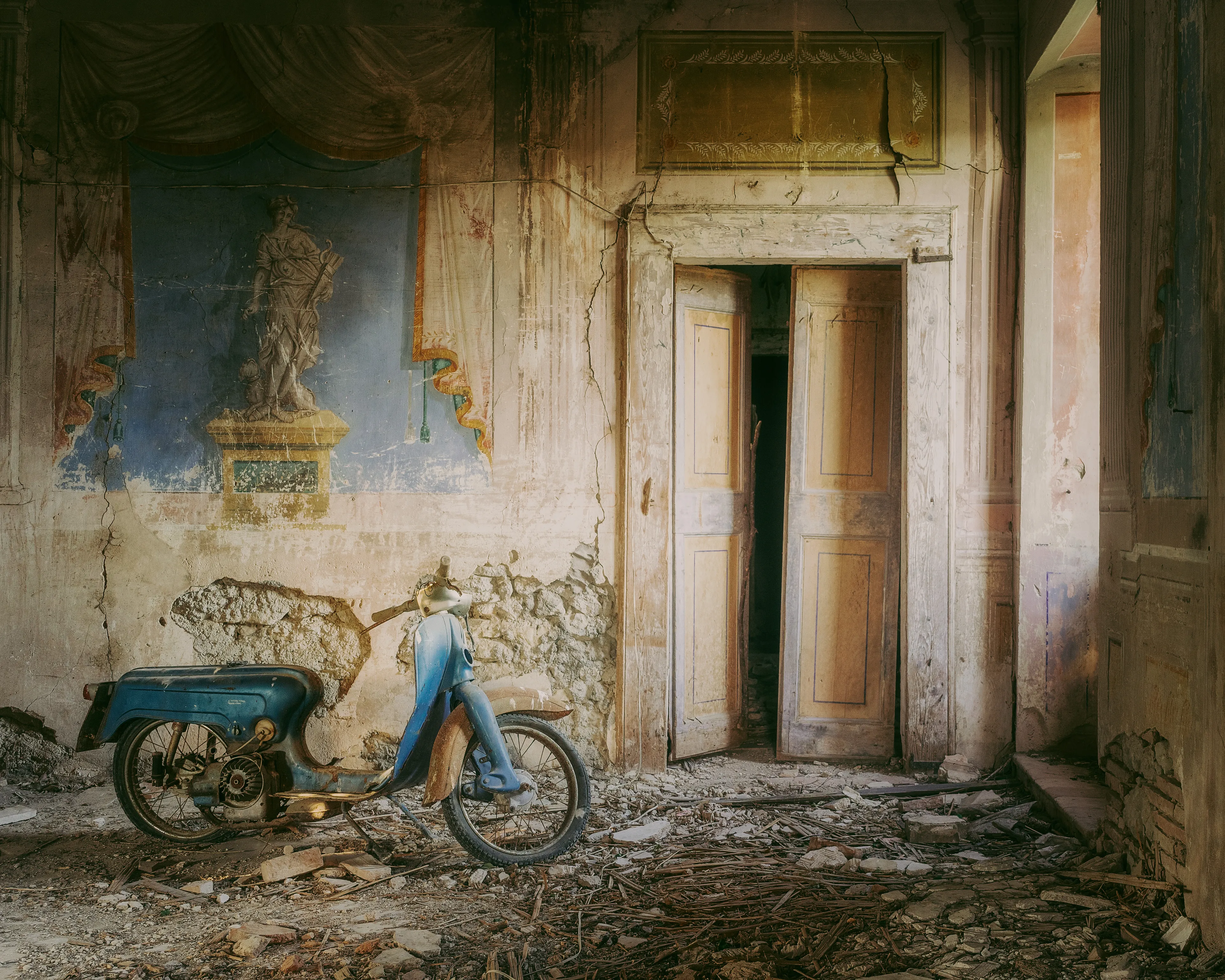 The machine rests,
the journey long forgotten.
But look at the walls —
someone once believed in grandeur.
A still life of motion,
caught between speed and stillness.