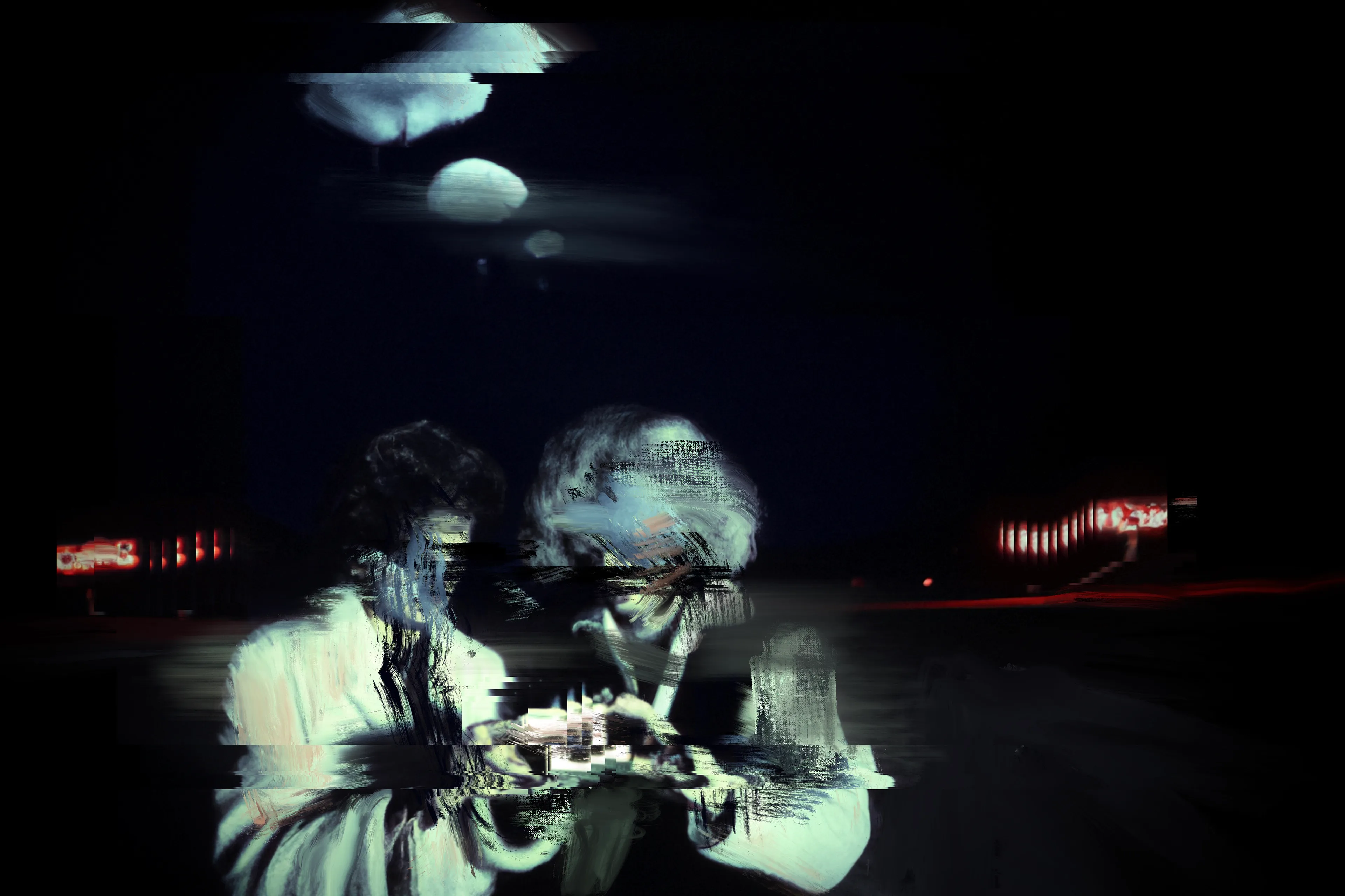 A circle of protagonists and bad actors defy the motel perimeter to venture into the land beyond; one where strange clouds and chemical-beaten signs appear on the horizon line. As night falls, the morphing process begins as the SIGHTSEERS start to glitch, faces become increasingly morphic as the wild winds blow and the radio interference increases. The SIGHTSEERS can’t resist the ultimate photo opportunity...