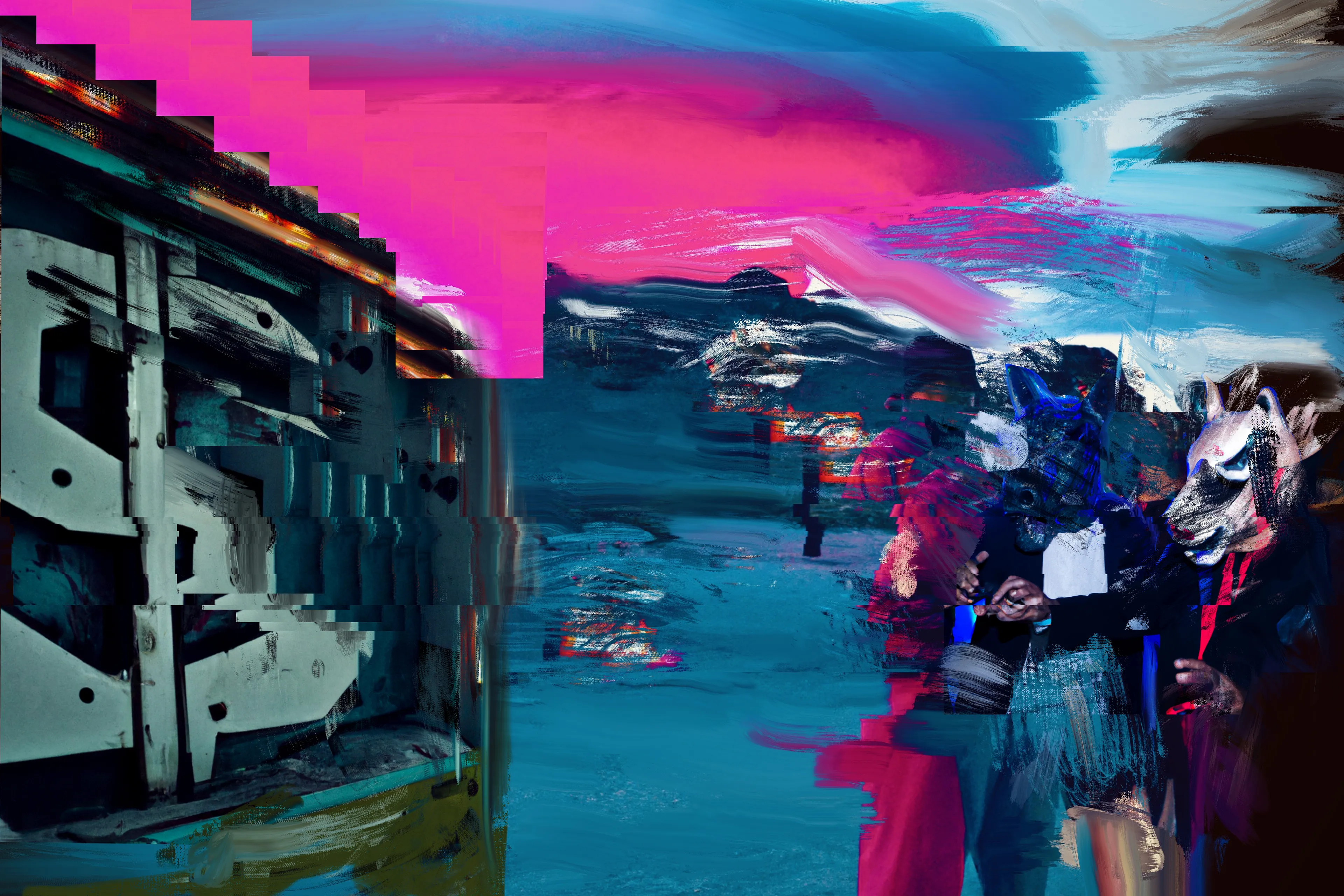 A circle of protagonists and bad actors defy the motel perimeter to venture into the land beyond; one where strange clouds and chemical-beaten signs appear on the horizon line. As night falls, the morphing process begins as the SIGHTSEERS start to glitch, faces become increasingly morphic as the wild winds blow and the radio interference increases. The SIGHTSEERS can’t resist the ultimate photo opportunity...