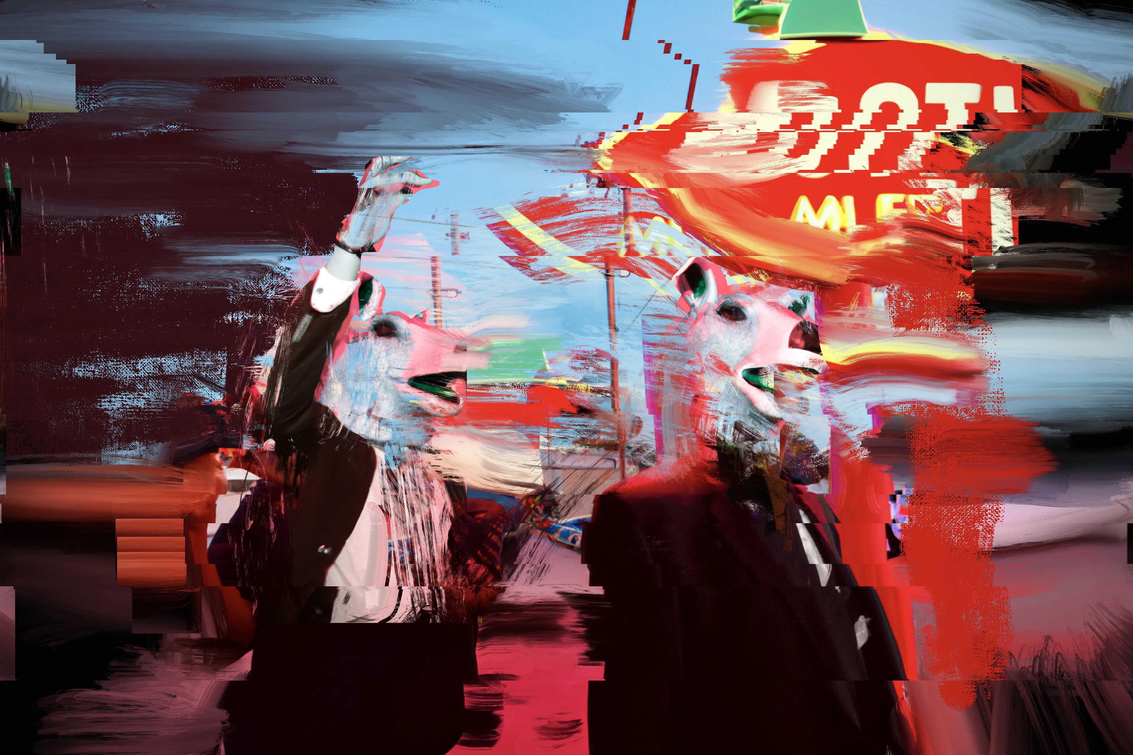 A circle of protagonists and bad actors defy the motel perimeter to venture into the land beyond; one where strange clouds and chemical-beaten signs appear on the horizon line. As night falls, the morphing process begins as the SIGHTSEERS start to glitch, faces become increasingly morphic as the wild winds blow and the radio interference increases. The SIGHTSEERS can’t resist the ultimate photo opportunity...