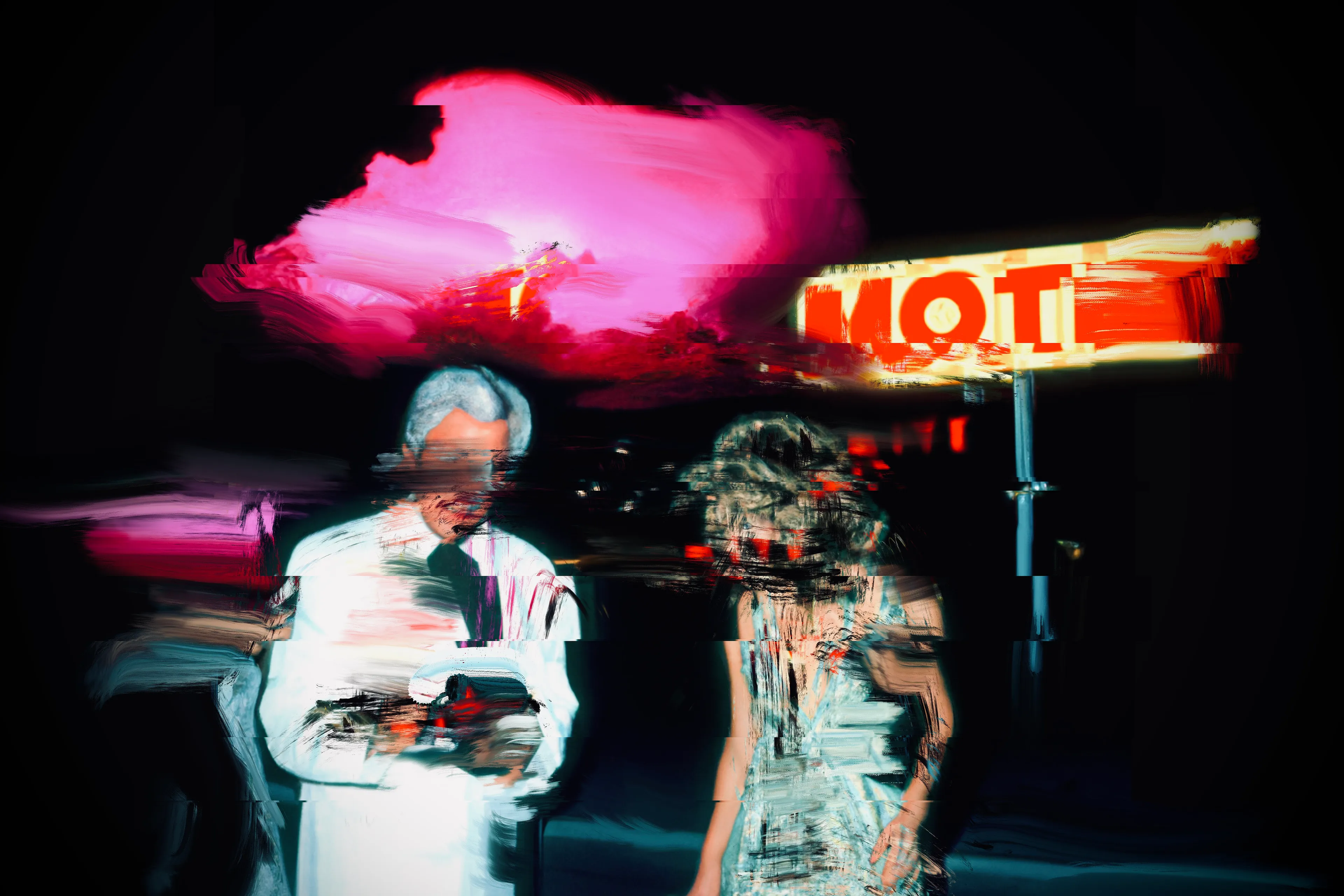 A circle of protagonists and bad actors defy the motel perimeter to venture into the land beyond; one where strange clouds and chemical-beaten signs appear on the horizon line. As night falls, the morphing process begins as the SIGHTSEERS start to glitch, faces become increasingly morphic as the wild winds blow and the radio interference increases. The SIGHTSEERS can’t resist the ultimate photo opportunity...