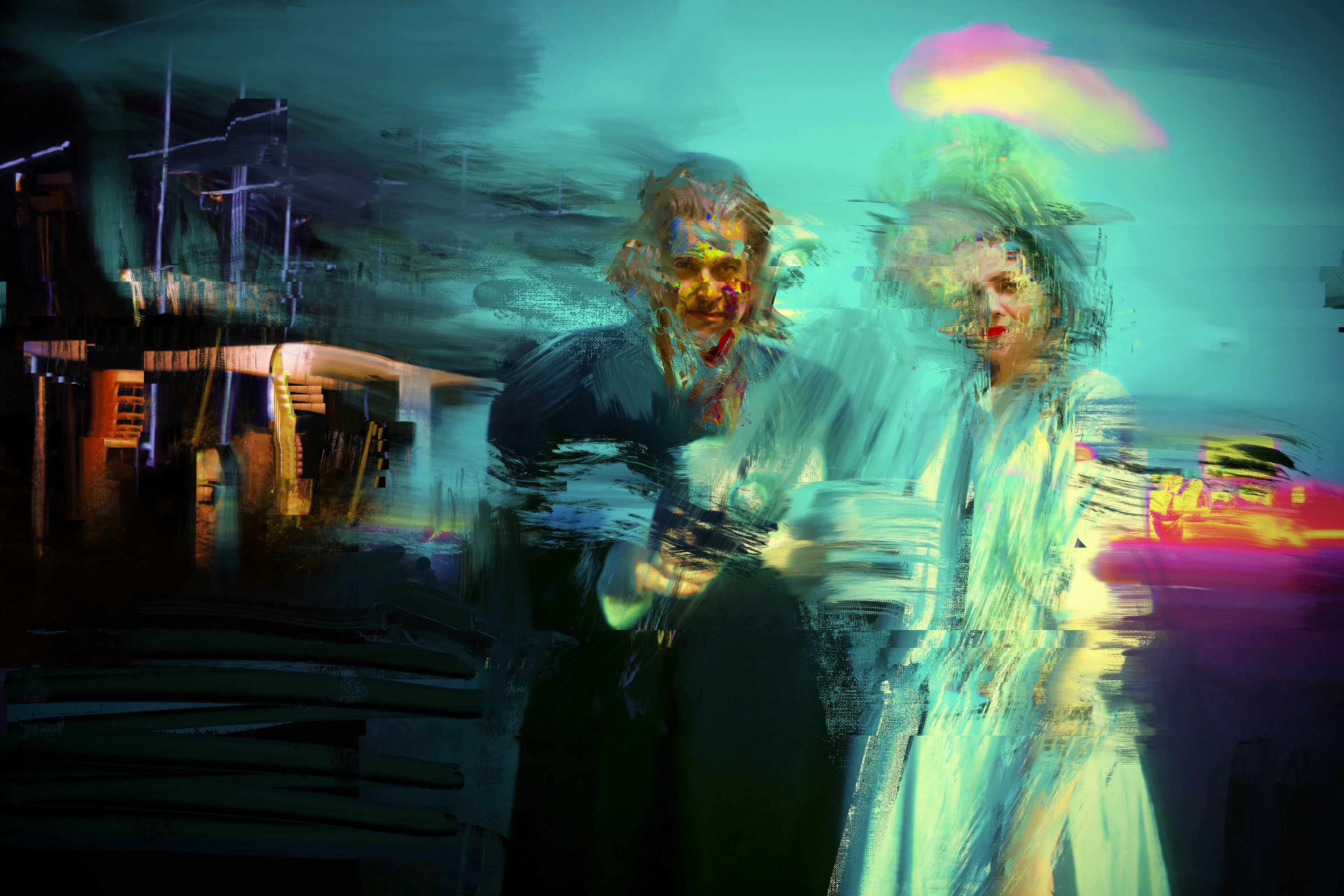 A circle of protagonists and bad actors defy the motel perimeter to venture into the land beyond; one where strange clouds and chemical-beaten signs appear on the horizon line. As night falls, the morphing process begins as the SIGHTSEERS start to glitch, faces become increasingly morphic as the wild winds blow and the radio interference increases. The SIGHTSEERS can’t resist the ultimate photo opportunity...