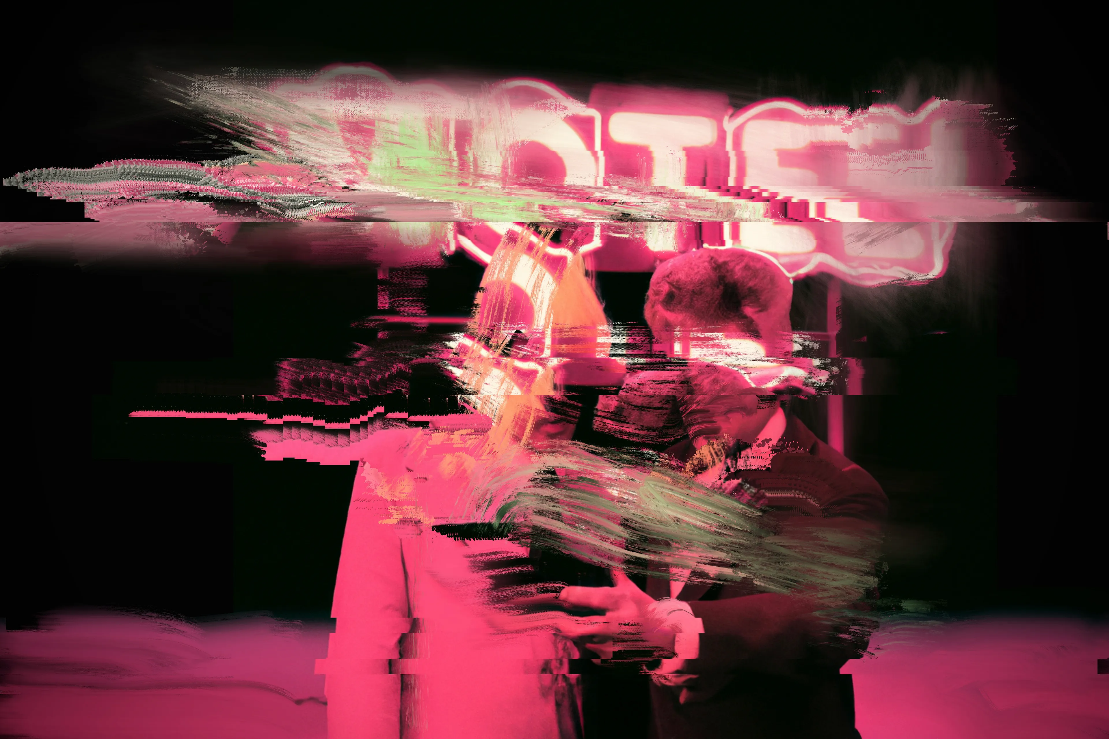 A circle of protagonists and bad actors defy the motel perimeter to venture into the land beyond; one where strange clouds and chemical-beaten signs appear on the horizon line. As night falls, the morphing process begins as the SIGHTSEERS start to glitch, faces become increasingly morphic as the wild winds blow and the radio interference increases. The SIGHTSEERS can’t resist the ultimate photo opportunity...