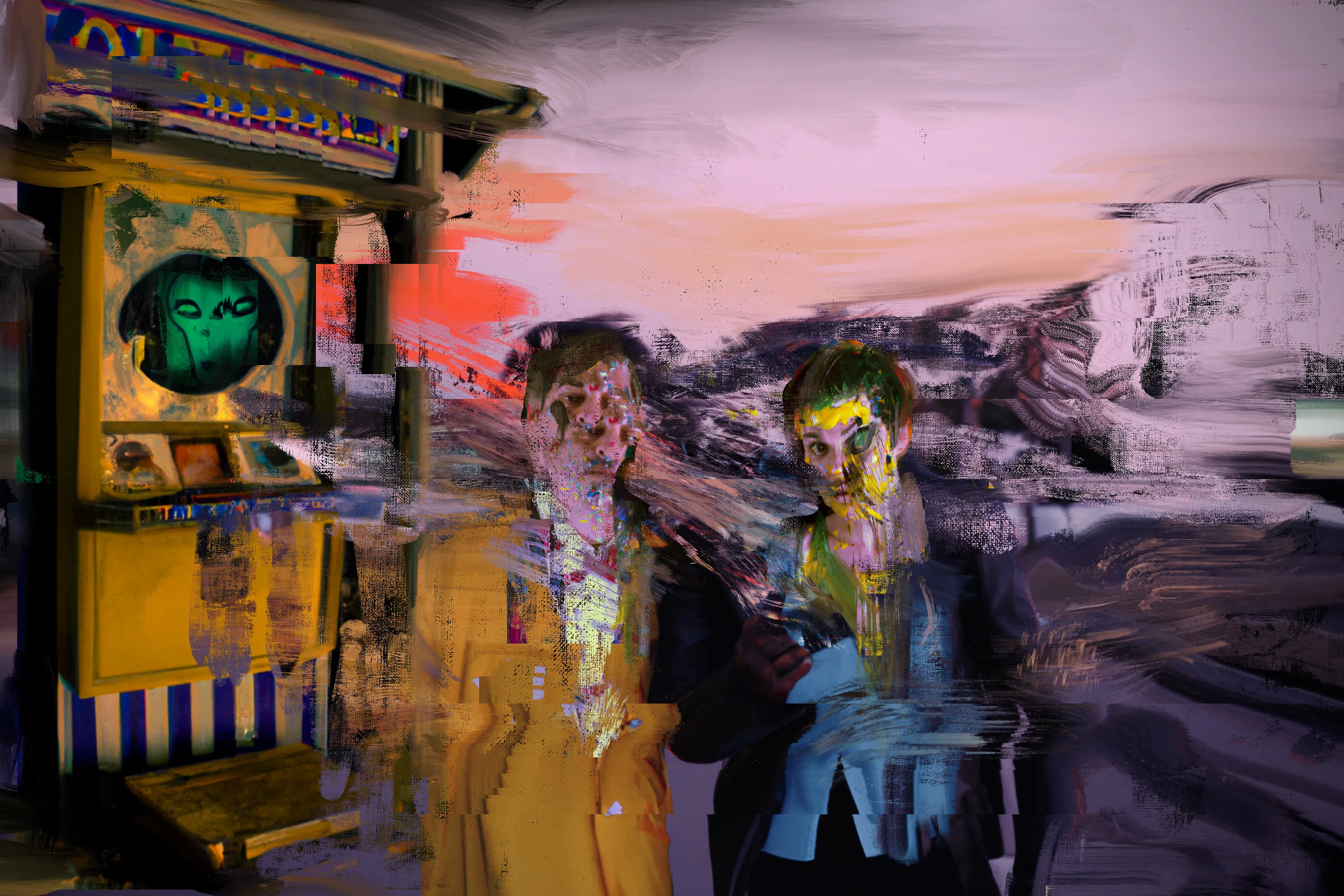 A circle of protagonists and bad actors defy the motel perimeter to venture into the land beyond; one where strange clouds and chemical-beaten signs appear on the horizon line. As night falls, the morphing process begins as the SIGHTSEERS start to glitch, faces become increasingly morphic as the wild winds blow and the radio interference increases. The SIGHTSEERS can’t resist the ultimate photo opportunity...