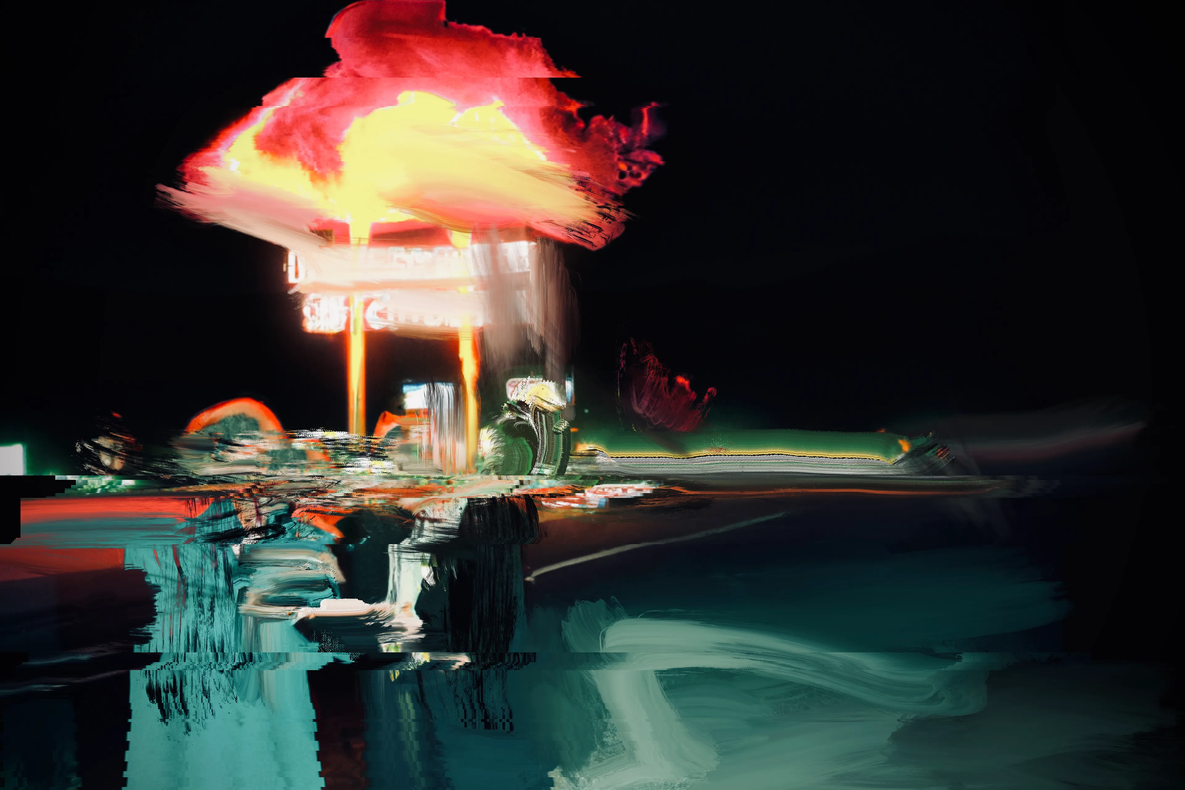A circle of protagonists and bad actors defy the motel perimeter to venture into the land beyond; one where strange clouds and chemical-beaten signs appear on the horizon line. As night falls, the morphing process begins as the SIGHTSEERS start to glitch, faces become increasingly morphic as the wild winds blow and the radio interference increases. The SIGHTSEERS can’t resist the ultimate photo opportunity...