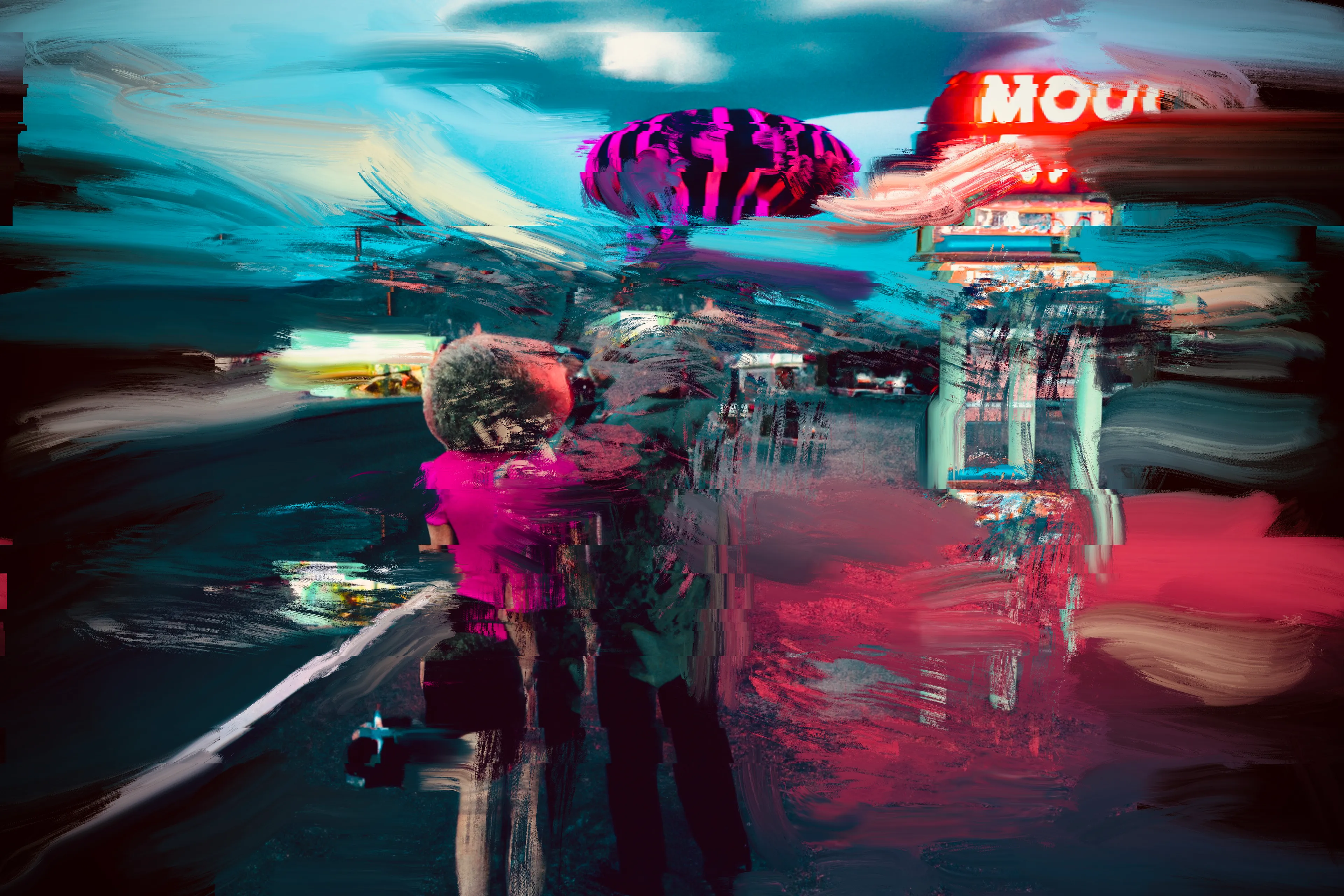 A circle of protagonists and bad actors defy the motel perimeter to venture into the land beyond; one where strange clouds and chemical-beaten signs appear on the horizon line. As night falls, the morphing process begins as the SIGHTSEERS start to glitch, faces become increasingly morphic as the wild winds blow and the radio interference increases. The SIGHTSEERS can’t resist the ultimate photo opportunity...