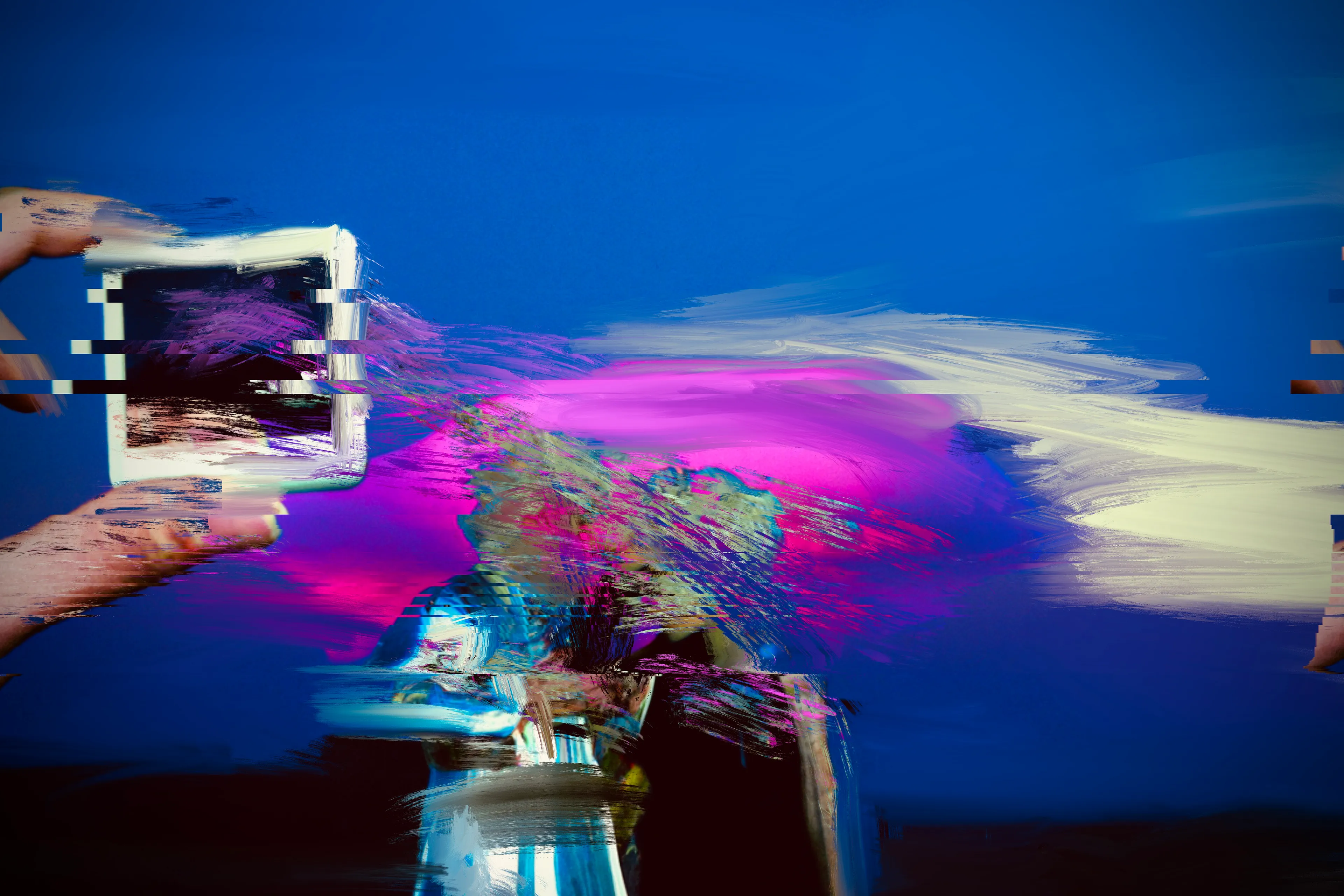 A circle of protagonists and bad actors defy the motel perimeter to venture into the land beyond; one where strange clouds and chemical-beaten signs appear on the horizon line. As night falls, the morphing process begins as the SIGHTSEERS start to glitch, faces become increasingly morphic as the wild winds blow and the radio interference increases. The SIGHTSEERS can’t resist the ultimate photo opportunity...
