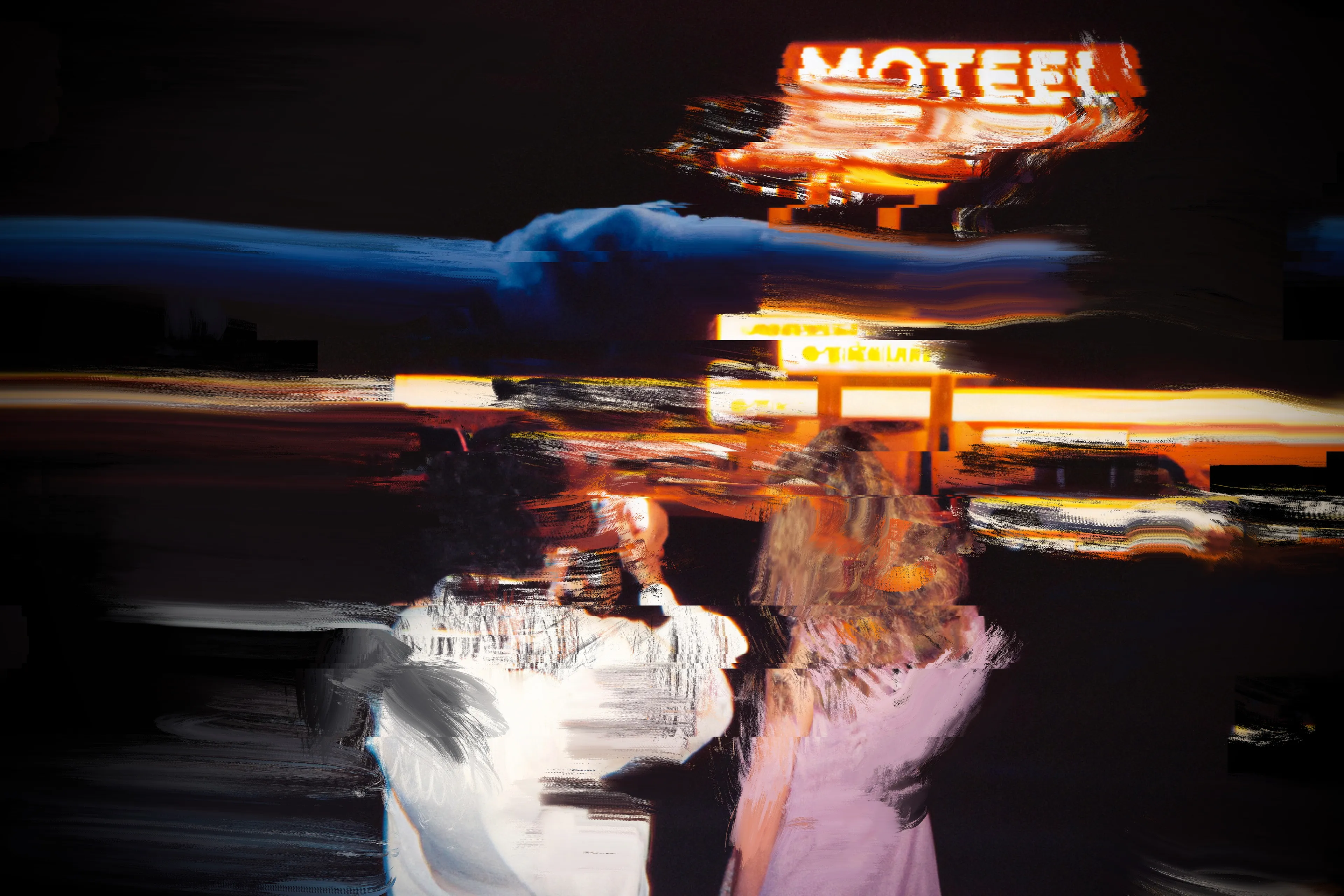 A circle of protagonists and bad actors defy the motel perimeter to venture into the land beyond; one where strange clouds and chemical-beaten signs appear on the horizon line. As night falls, the morphing process begins as the SIGHTSEERS start to glitch, faces become increasingly morphic as the wild winds blow and the radio interference increases. The SIGHTSEERS can’t resist the ultimate photo opportunity...