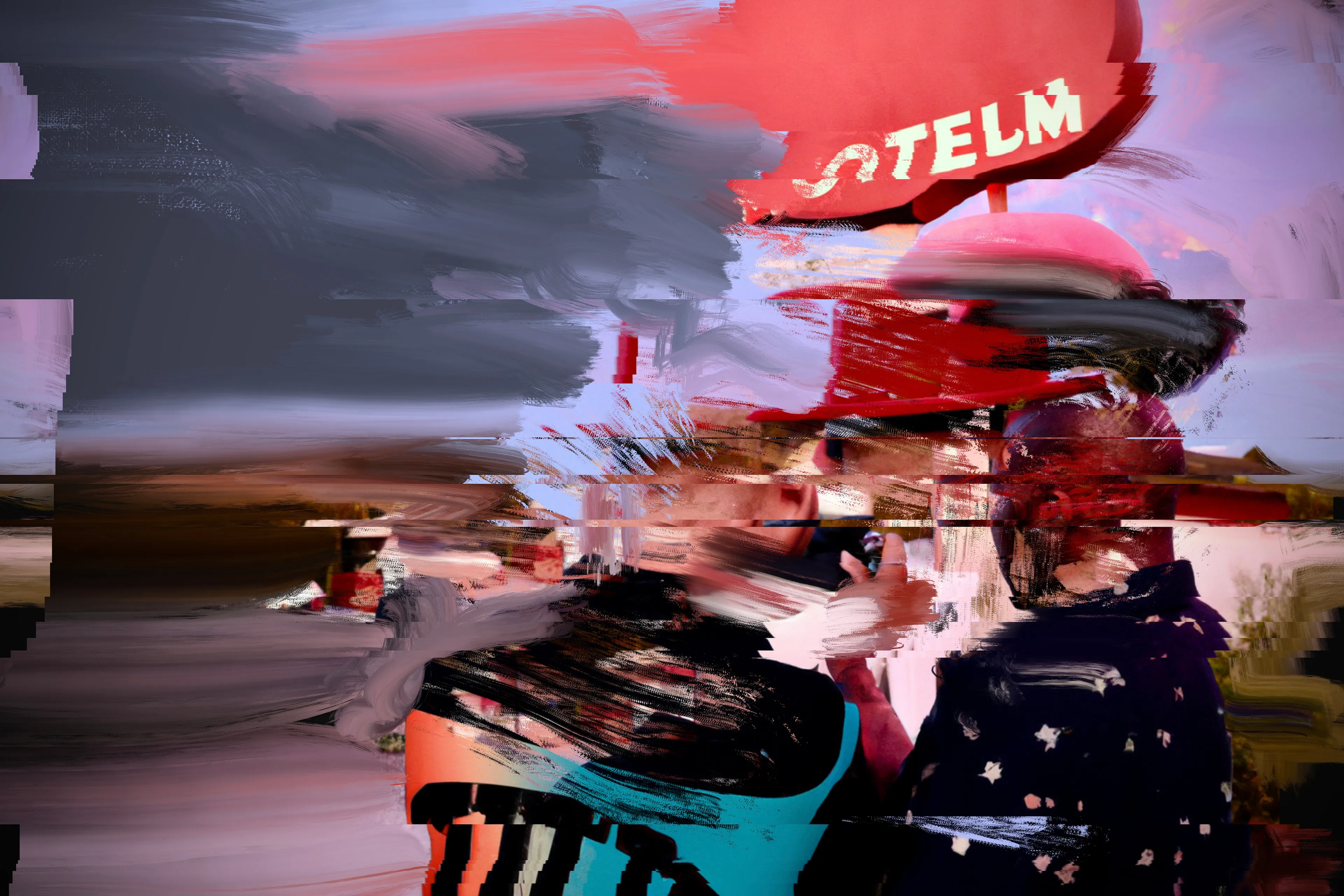 A circle of protagonists and bad actors defy the motel perimeter to venture into the land beyond; one where strange clouds and chemical-beaten signs appear on the horizon line. As night falls, the morphing process begins as the SIGHTSEERS start to glitch, faces become increasingly morphic as the wild winds blow and the radio interference increases. The SIGHTSEERS can’t resist the ultimate photo opportunity...