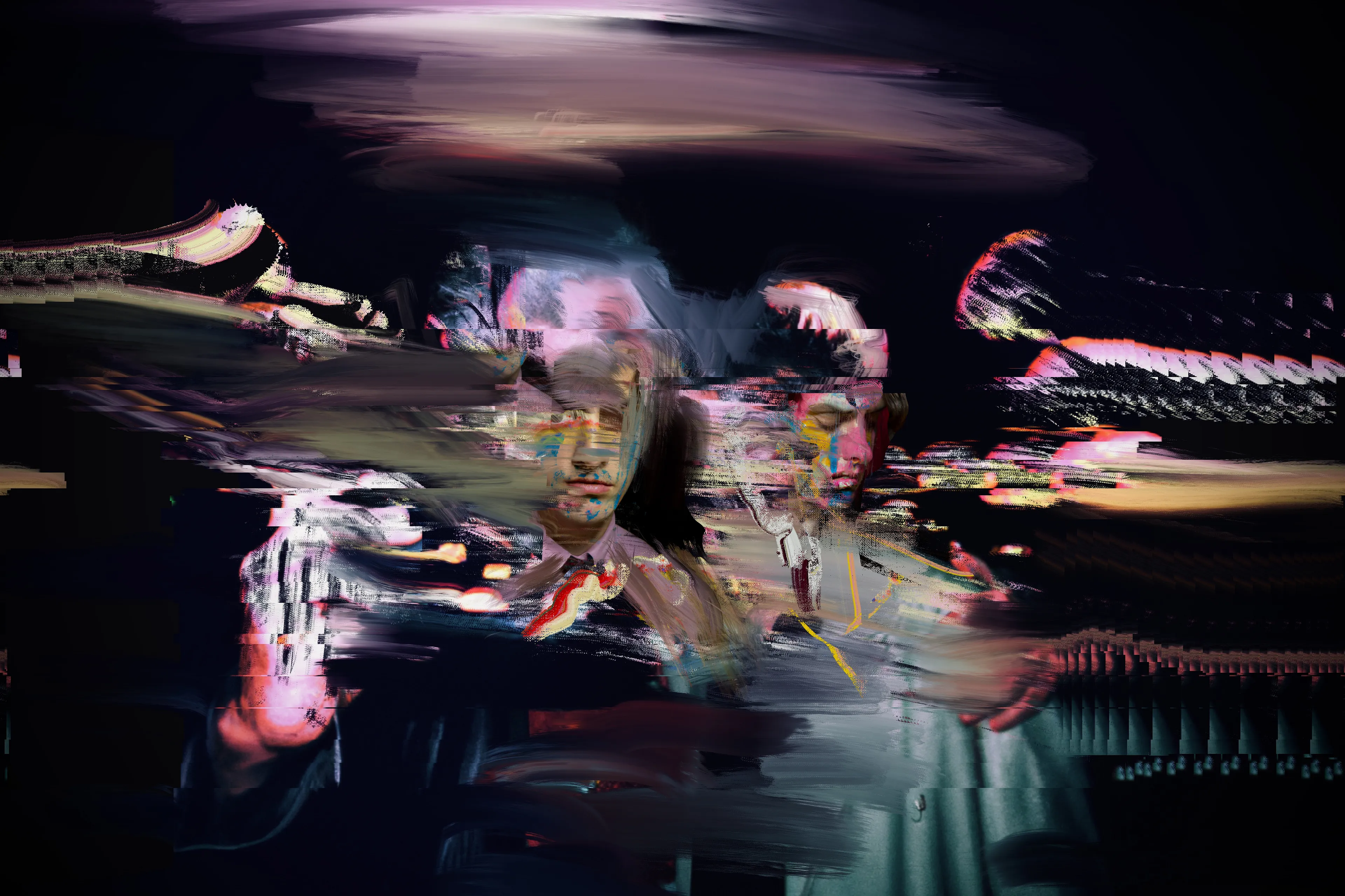 A circle of protagonists and bad actors defy the motel perimeter to venture into the land beyond; one where strange clouds and chemical-beaten signs appear on the horizon line. As night falls, the morphing process begins as the SIGHTSEERS start to glitch, faces become increasingly morphic as the wild winds blow and the radio interference increases. The SIGHTSEERS can’t resist the ultimate photo opportunity...
