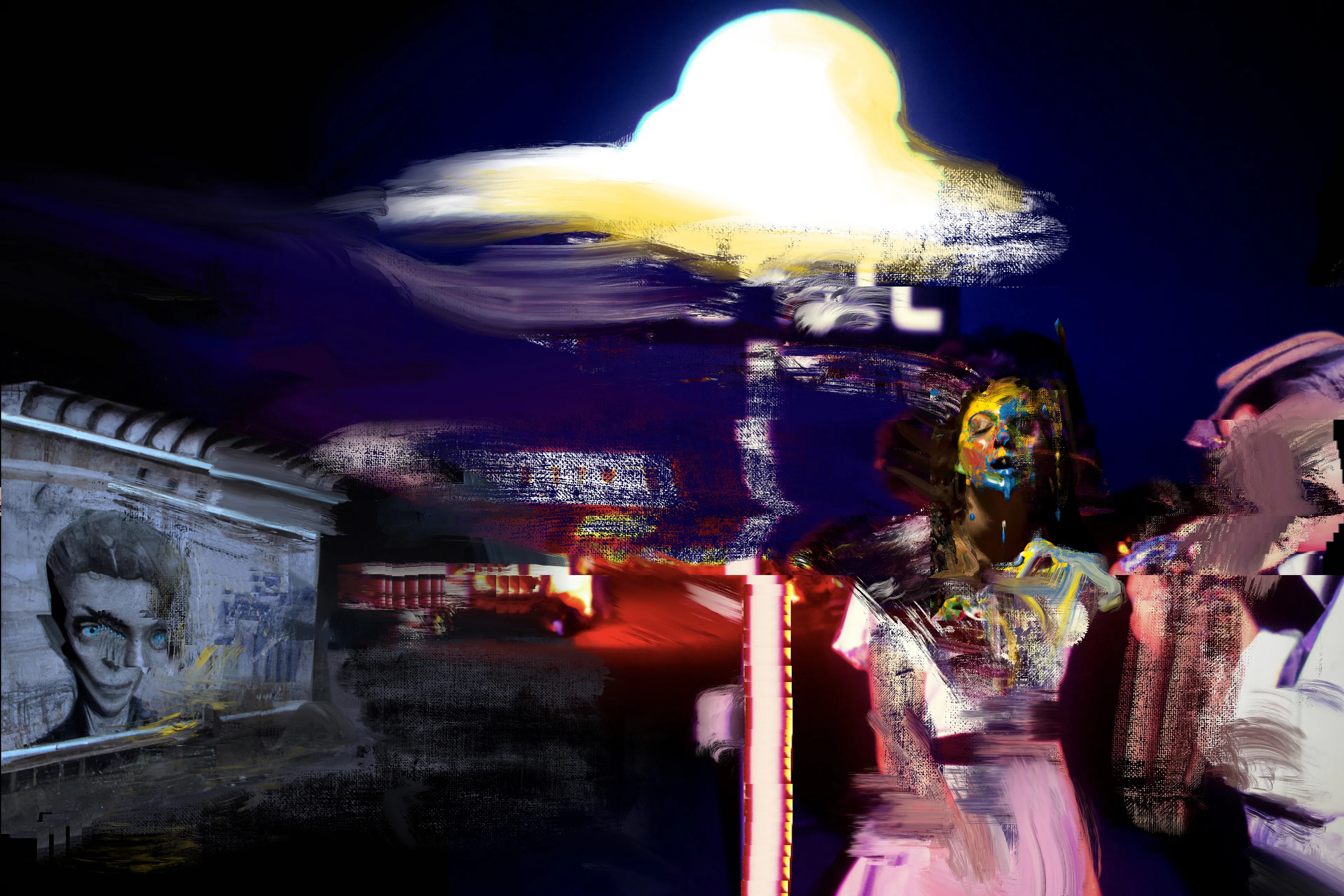 A circle of protagonists and bad actors defy the motel perimeter to venture into the land beyond; one where strange clouds and chemical-beaten signs appear on the horizon line. As night falls, the morphing process begins as the SIGHTSEERS start to glitch, faces become increasingly morphic as the wild winds blow and the radio interference increases. The SIGHTSEERS can’t resist the ultimate photo opportunity...