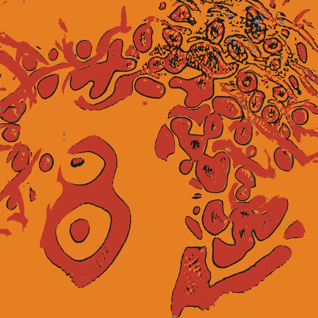 This series is part AI, part human analog art, and part human digital art. Pieces are generated using a neural generative model (AI) trained on the artist's physical sketchbook. Generations are re-rendered in a variety of palettes. The physical sketchbook had sketches, doodles, paper cutting, mandalas, zentangles -- often with a brief hand-written description. Taking the confluence of human and machine further, the pieces are interpreted by an AI model.