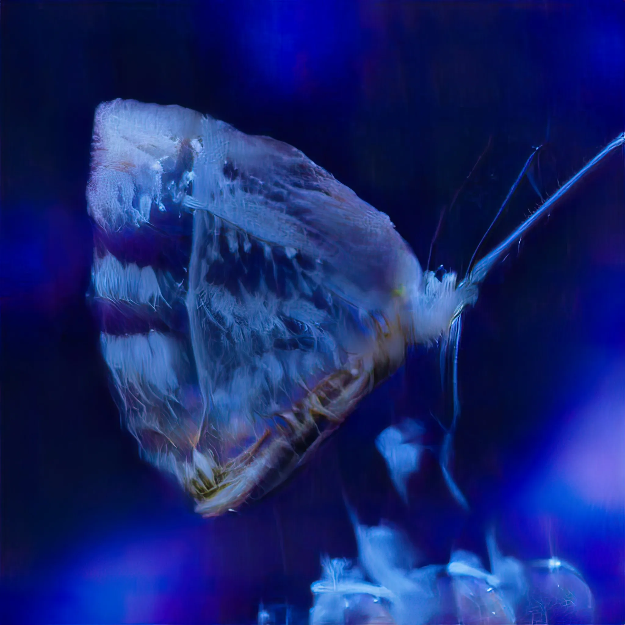 Caterpillar. Chrysalis. Butterfly. Each word immediately understood as part of a three-part process of metamorphosis, this story we know. It is also the story of many, from the aquatic, for instance the jellyfish who experiences not one, but no less than six vibrantly diverse stages during their life-cycles. Yet, commonly these are transformative states that we have no associative image of, they are stories untold. These works form a speculative mapping through creating mutating chimera that attempt to map the limits of our knowledge by infusing a familiar story with an essential “jellyfishness” as its most commonly associated. The caterpillar, a gelatinous beginning. The ghostly traces of the metamorphic vessel, the chrysalis. The emergent finale, the vividly iconic butterfly as an airy, ethereal figure. None of these chimera come close to the jellyfish. We know nothing more of these soft, shifting others. They are but tales who quietly ask us to carefully enquire deeper, below the waves. To spend time in those deep depths. To gaze and listen long enough to learn the stories of those who live lives as alien to us as we are to them.
