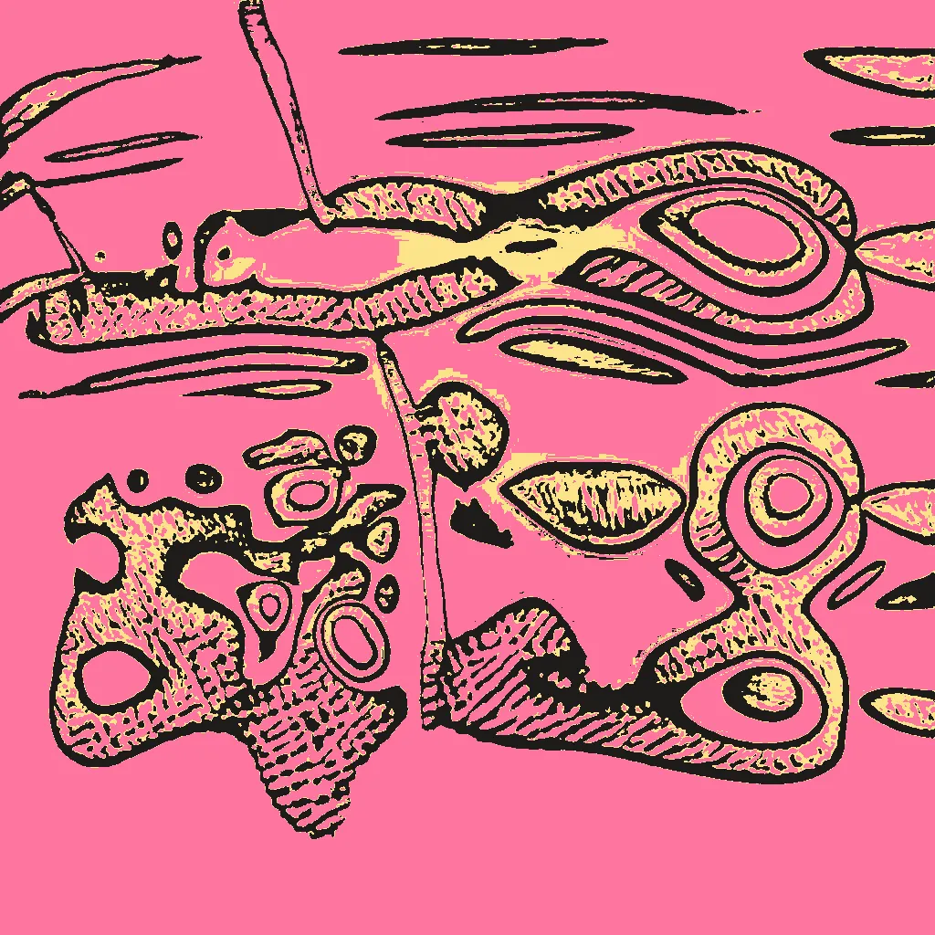 This series is part AI, part human analog art, and part human digital art. Pieces are generated using a neural generative model (AI) trained on the artist's physical sketchbook. Generations are re-rendered in a variety of palettes. The physical sketchbook had sketches, doodles, paper cutting, mandalas, zentangles -- often with a brief hand-written description. Taking the confluence of human and machine further, the pieces are interpreted by an AI model.