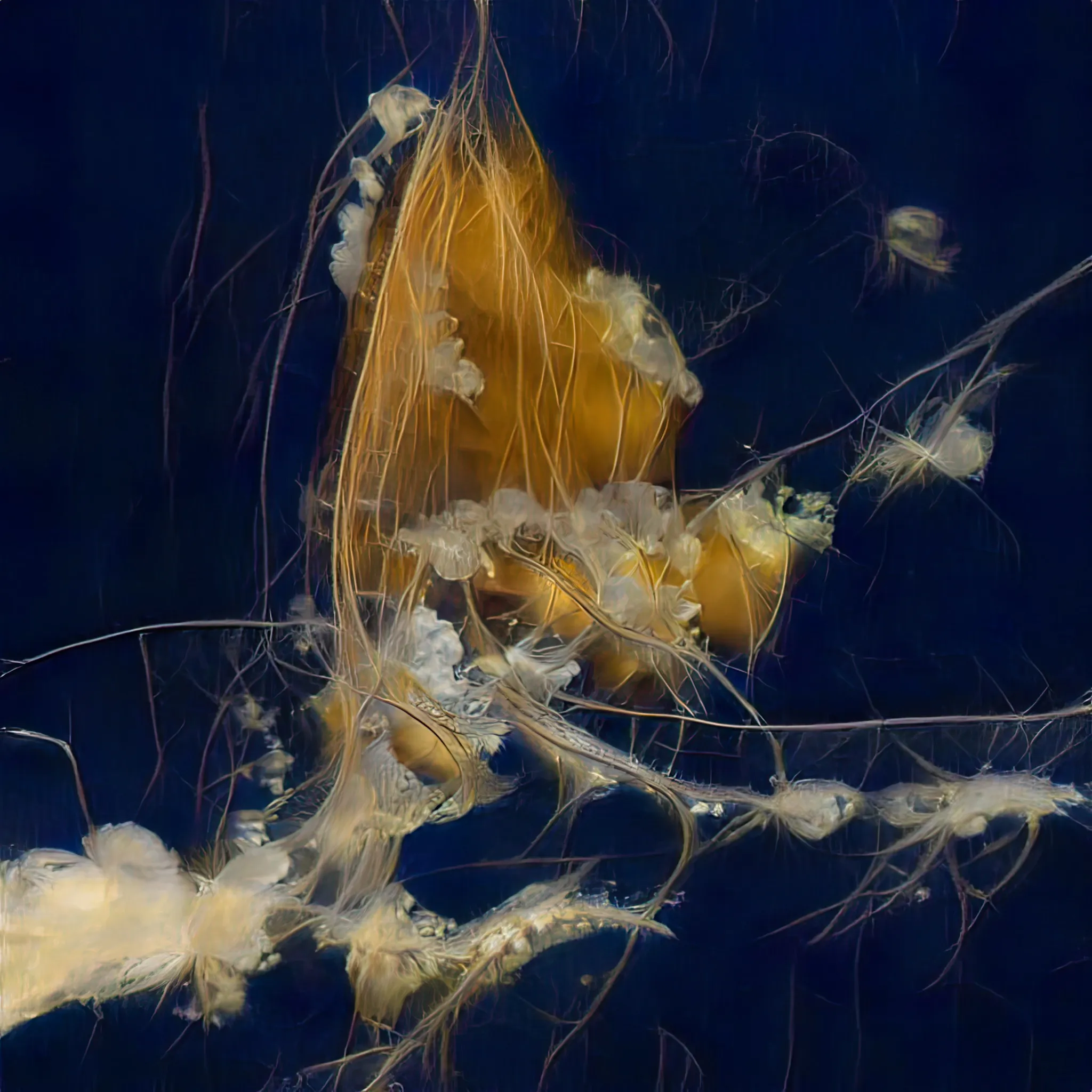 Caterpillar. Chrysalis. Butterfly. Each word immediately understood as part of a three-part process of metamorphosis, this story we know. It is also the story of many, from the aquatic, for instance the jellyfish who experiences not one, but no less than six vibrantly diverse stages during their life-cycles. Yet, commonly these are transformative states that we have no associative image of, they are stories untold. These works form a speculative mapping through creating mutating chimera that attempt to map the limits of our knowledge by infusing a familiar story with an essential “jellyfishness” as its most commonly associated. The caterpillar, a gelatinous beginning. The ghostly traces of the metamorphic vessel, the chrysalis. The emergent finale, the vividly iconic butterfly as an airy, ethereal figure. None of these chimera come close to the jellyfish. We know nothing more of these soft, shifting others. They are but tales who quietly ask us to carefully enquire deeper, below the waves. To spend time in those deep depths. To gaze and listen long enough to learn the stories of those who live lives as alien to us as we are to them.