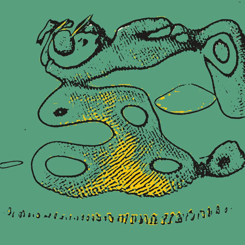 This series is part AI, part human analog art, and part human digital art. Pieces are generated using a neural generative model (AI) trained on the artist's physical sketchbook. Generations are re-rendered in a variety of palettes. The physical sketchbook had sketches, doodles, paper cutting, mandalas, zentangles -- often with a brief hand-written description. Taking the confluence of human and machine further, the pieces are interpreted by an AI model.