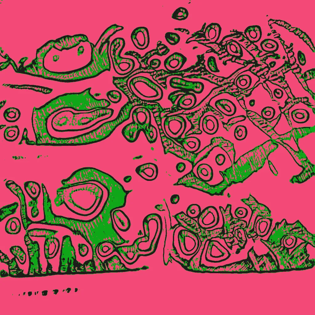 This series is part AI, part human analog art, and part human digital art. Pieces are generated using a neural generative model (AI) trained on the artist's physical sketchbook. Generations are re-rendered in a variety of palettes. The physical sketchbook had sketches, doodles, paper cutting, mandalas, zentangles -- often with a brief hand-written description. Taking the confluence of human and machine further, the pieces are interpreted by an AI model.