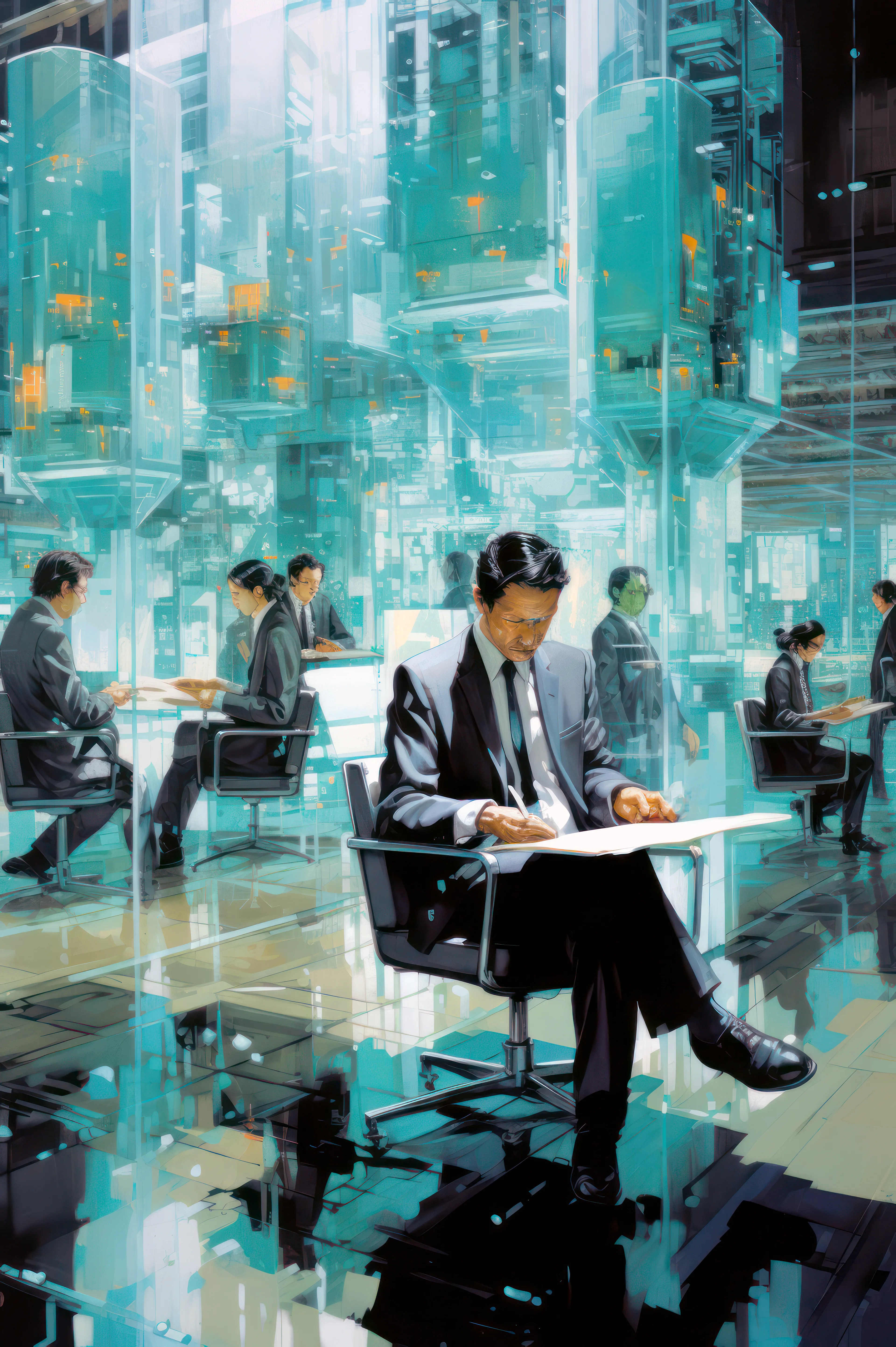 Hiroshi stumbles onto NeuraCorp, a cutting-edge corporation that facilitates the tech advancement of other companies and also produces the piece Hiroshi needs for his invention. He decides to visit their HQ where he takes a tour of the facility that highly impresses him.