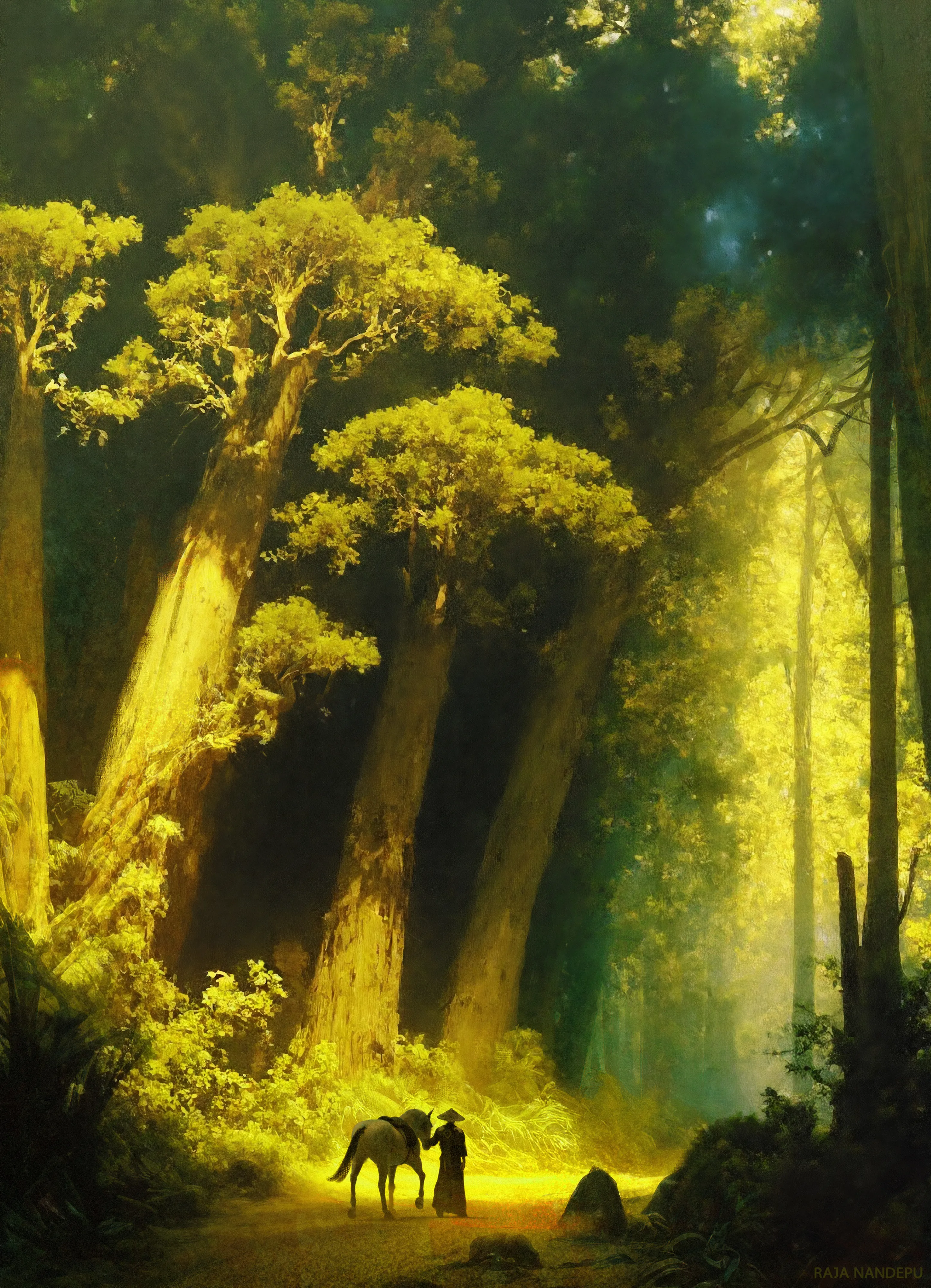 'A Journey of Samurai' is a captivating adventurous painting series of 444 pieces that tells the epic story of a brave samurai on a perilous quest through diverse landscapes—majestic canyons, towering alps, serene fields, enchanting forests, etc. Driven by a mission to collect rare grains of soil as offerings to an ethereal goddess, the samurai hopes to obtain a sacred stone to lift the curse shrouding his village in darkness. Each artwork vividly captures his encounters with monumental waterfalls, the beauty of changing seasons, and the emotional and physical trials of his journey. This collection takes the viewers to join the samurai's quest, experiencing the power of art to tell intricate stories and transport audiences to breathtaking, adventurous realms.