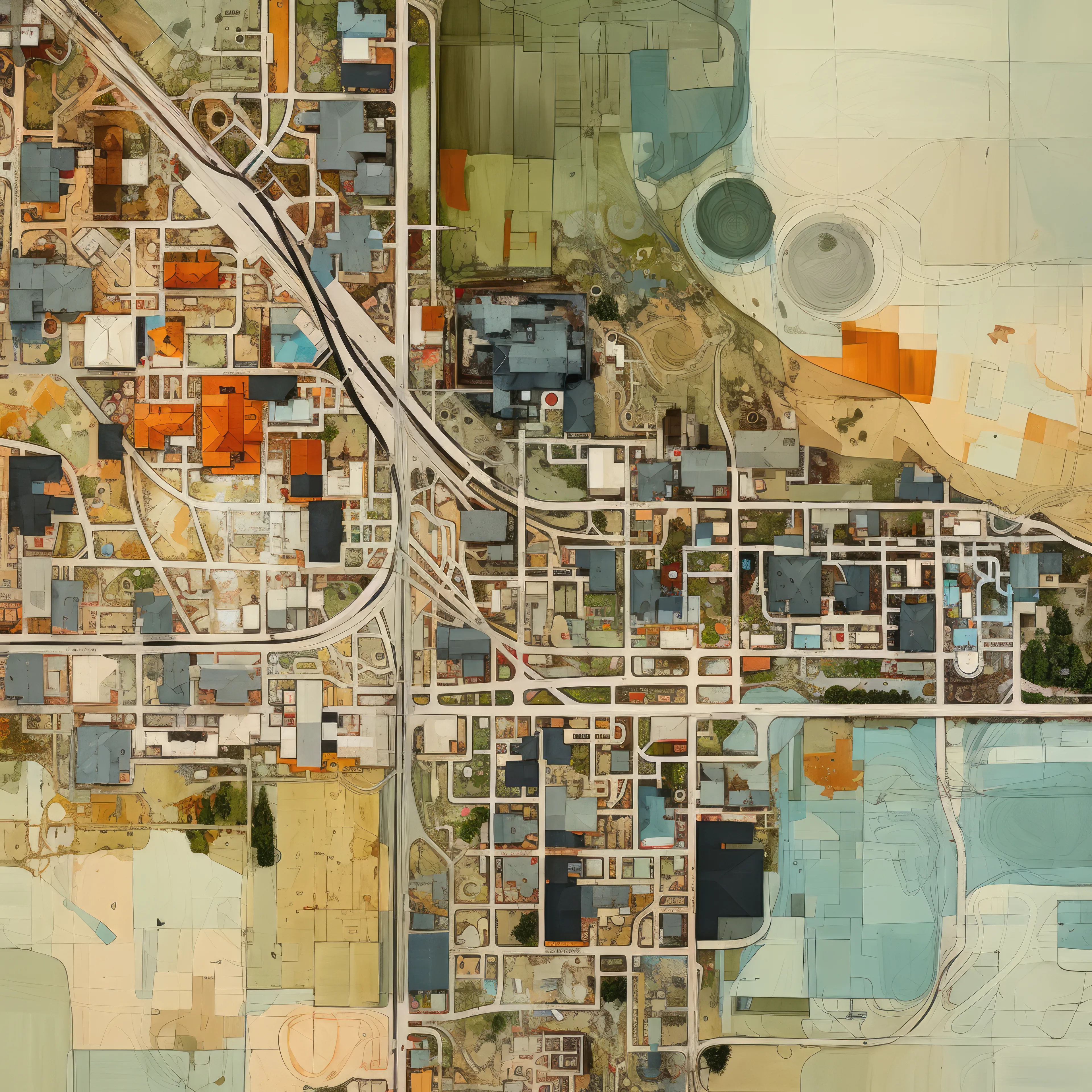 Mappings arose organically through an exploration of generative space and form. Map structures began emerging and with them suggestions of underlying motifs. In this way, the generative AI process exists orthogonally to a traditional observational approach, where an artist begins with a motif. Mappings integrates experience from my personal history including landscape painting, map illustration, data visualization and generative coding, though there was no intention do so when I began the exploration. Mappings includes 8 motifs: Farmland, Aerial, Glacier, Nautical, Night, Parking Lot, Roadways, Suburbia and 19 custom, randomly assigned palettes.