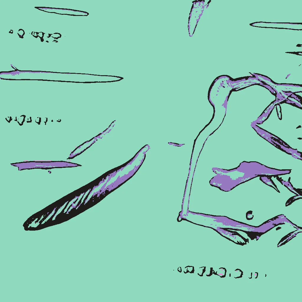 This series is part AI, part human analog art, and part human digital art. Pieces are generated using a neural generative model (AI) trained on the artist's physical sketchbook. Generations are re-rendered in a variety of palettes. The physical sketchbook had sketches, doodles, paper cutting, mandalas, zentangles -- often with a brief hand-written description. Taking the confluence of human and machine further, the pieces are interpreted by an AI model.