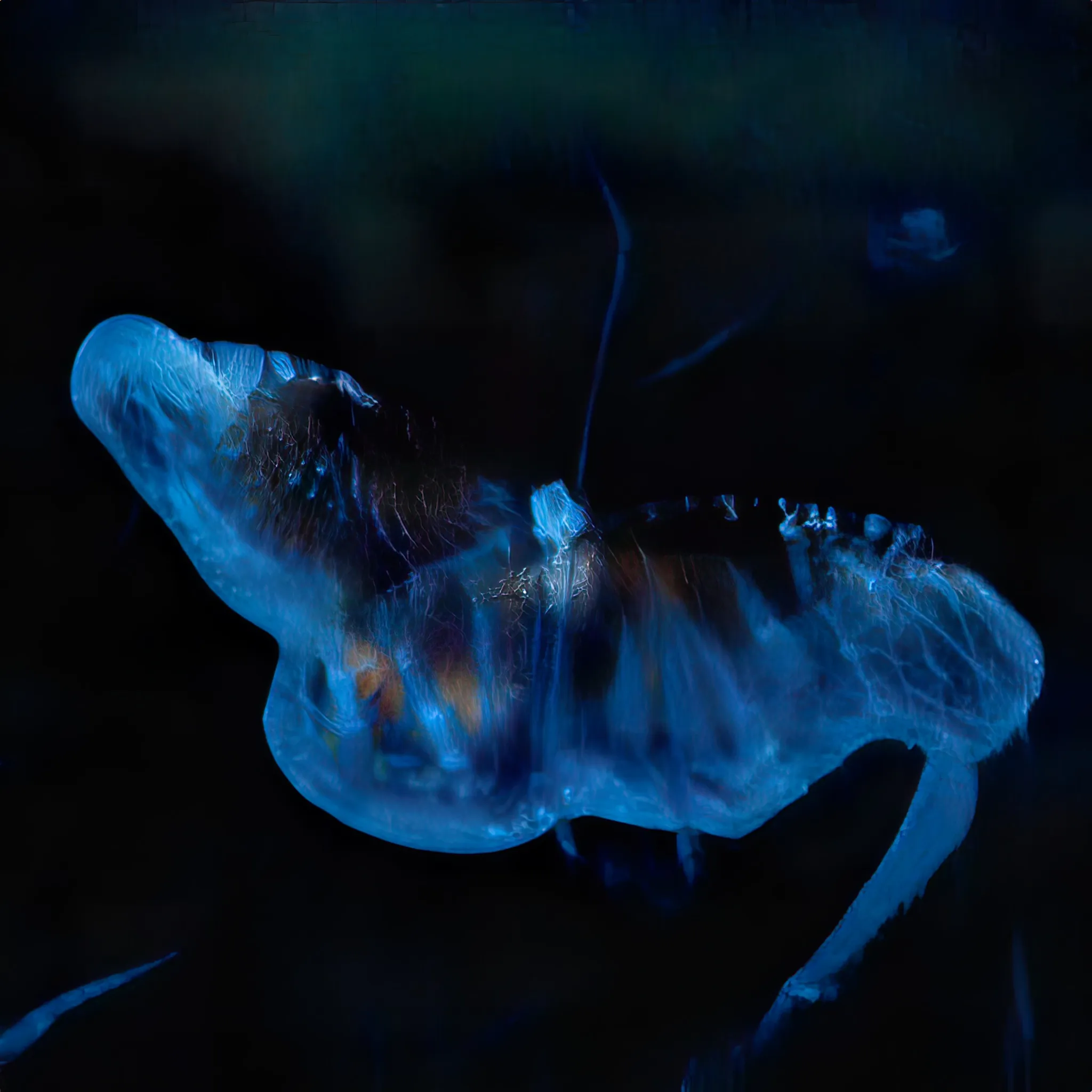 Caterpillar. Chrysalis. Butterfly. Each word immediately understood as part of a three-part process of metamorphosis, this story we know. It is also the story of many, from the aquatic, for instance the jellyfish who experiences not one, but no less than six vibrantly diverse stages during their life-cycles. Yet, commonly these are transformative states that we have no associative image of, they are stories untold. These works form a speculative mapping through creating mutating chimera that attempt to map the limits of our knowledge by infusing a familiar story with an essential “jellyfishness” as its most commonly associated. The caterpillar, a gelatinous beginning. The ghostly traces of the metamorphic vessel, the chrysalis. The emergent finale, the vividly iconic butterfly as an airy, ethereal figure. None of these chimera come close to the jellyfish. We know nothing more of these soft, shifting others. They are but tales who quietly ask us to carefully enquire deeper, below the waves. To spend time in those deep depths. To gaze and listen long enough to learn the stories of those who live lives as alien to us as we are to them.