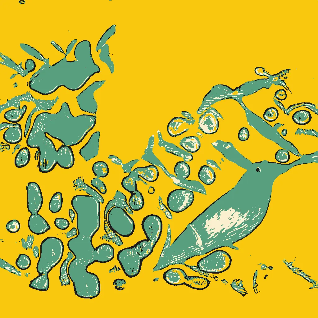 This series is part AI, part human analog art, and part human digital art. Pieces are generated using a neural generative model (AI) trained on the artist's physical sketchbook. Generations are re-rendered in a variety of palettes. The physical sketchbook had sketches, doodles, paper cutting, mandalas, zentangles -- often with a brief hand-written description. Taking the confluence of human and machine further, the pieces are interpreted by an AI model.