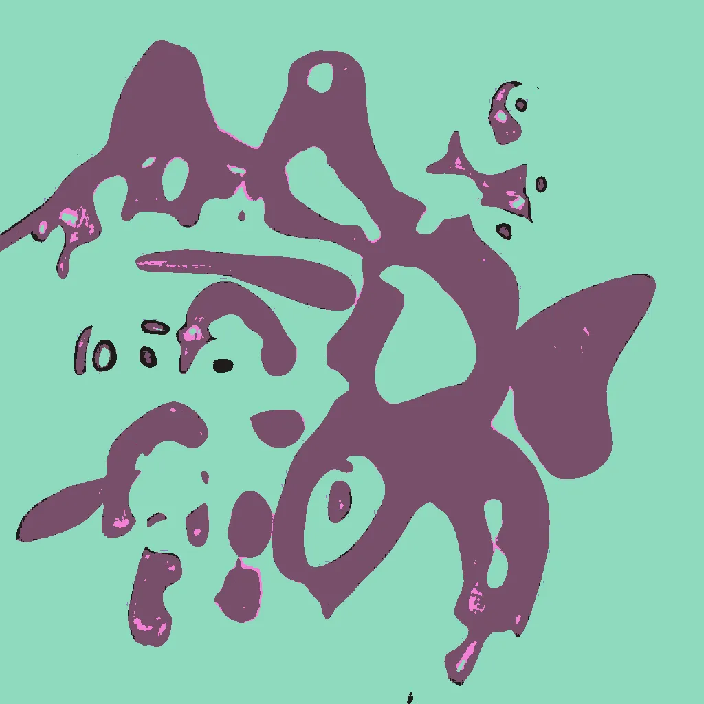 This series is part AI, part human analog art, and part human digital art. Pieces are generated using a neural generative model (AI) trained on the artist's physical sketchbook. Generations are re-rendered in a variety of palettes. The physical sketchbook had sketches, doodles, paper cutting, mandalas, zentangles -- often with a brief hand-written description. Taking the confluence of human and machine further, the pieces are interpreted by an AI model.