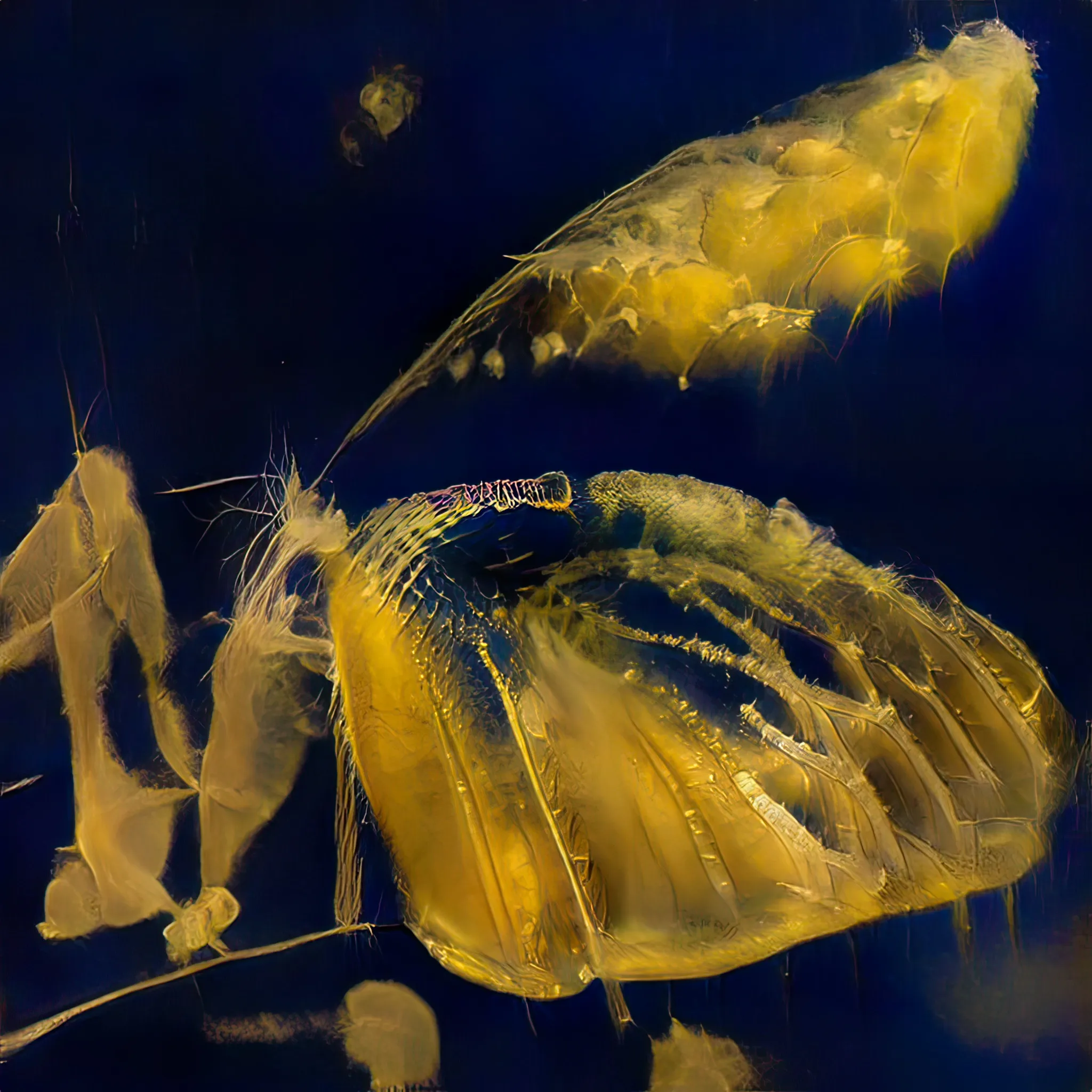 Caterpillar. Chrysalis. Butterfly. Each word immediately understood as part of a three-part process of metamorphosis, this story we know. It is also the story of many, from the aquatic, for instance the jellyfish who experiences not one, but no less than six vibrantly diverse stages during their life-cycles. Yet, commonly these are transformative states that we have no associative image of, they are stories untold. These works form a speculative mapping through creating mutating chimera that attempt to map the limits of our knowledge by infusing a familiar story with an essential “jellyfishness” as its most commonly associated. The caterpillar, a gelatinous beginning. The ghostly traces of the metamorphic vessel, the chrysalis. The emergent finale, the vividly iconic butterfly as an airy, ethereal figure. None of these chimera come close to the jellyfish. We know nothing more of these soft, shifting others. They are but tales who quietly ask us to carefully enquire deeper, below the waves. To spend time in those deep depths. To gaze and listen long enough to learn the stories of those who live lives as alien to us as we are to them.
