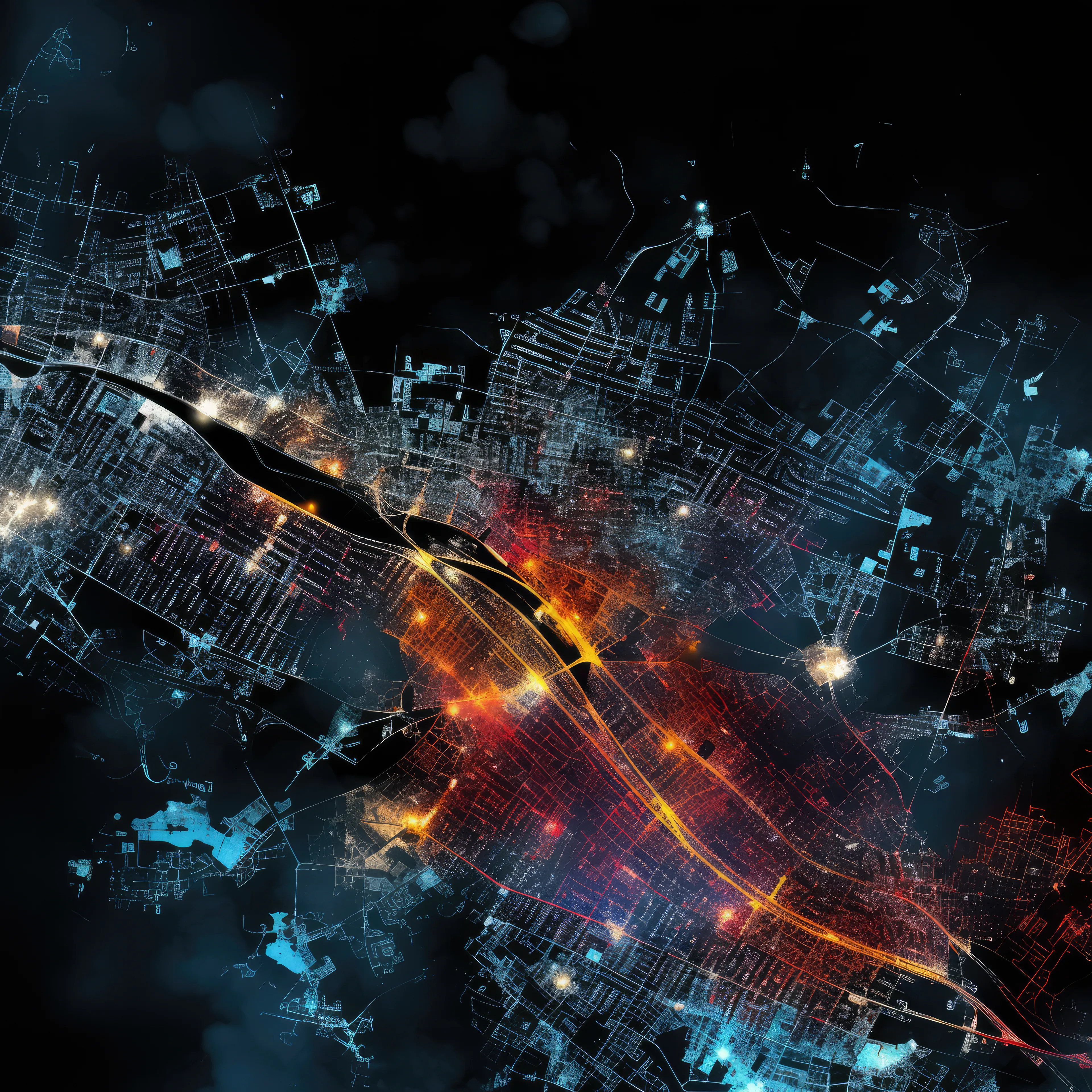 Mappings arose organically through an exploration of generative space and form. Map structures began emerging and with them suggestions of underlying motifs. In this way, the generative AI process exists orthogonally to a traditional observational approach, where an artist begins with a motif. Mappings integrates experience from my personal history including landscape painting, map illustration, data visualization and generative coding, though there was no intention do so when I began the exploration. Mappings includes 8 motifs: Farmland, Aerial, Glacier, Nautical, Night, Parking Lot, Roadways, Suburbia and 19 custom, randomly assigned palettes.