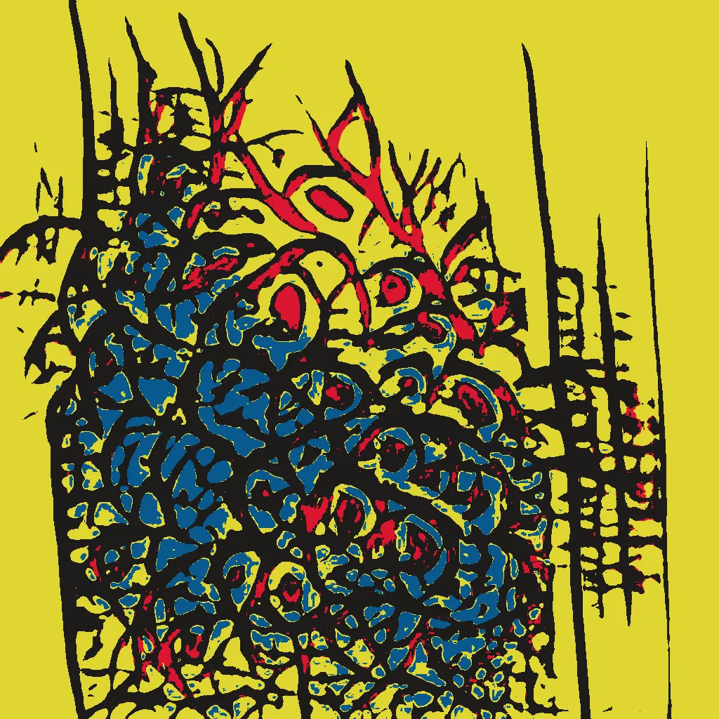 This series is part AI, part human analog art, and part human digital art. Pieces are generated using a neural generative model (AI) trained on the artist's physical sketchbook. Generations are re-rendered in a variety of palettes. The physical sketchbook had sketches, doodles, paper cutting, mandalas, zentangles -- often with a brief hand-written description. Taking the confluence of human and machine further, the pieces are interpreted by an AI model.