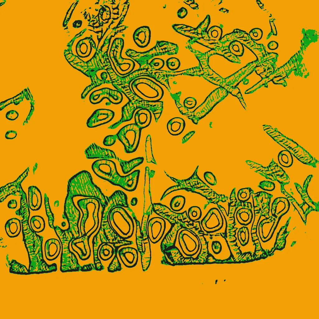 This series is part AI, part human analog art, and part human digital art. Pieces are generated using a neural generative model (AI) trained on the artist's physical sketchbook. Generations are re-rendered in a variety of palettes. The physical sketchbook had sketches, doodles, paper cutting, mandalas, zentangles -- often with a brief hand-written description. Taking the confluence of human and machine further, the pieces are interpreted by an AI model.