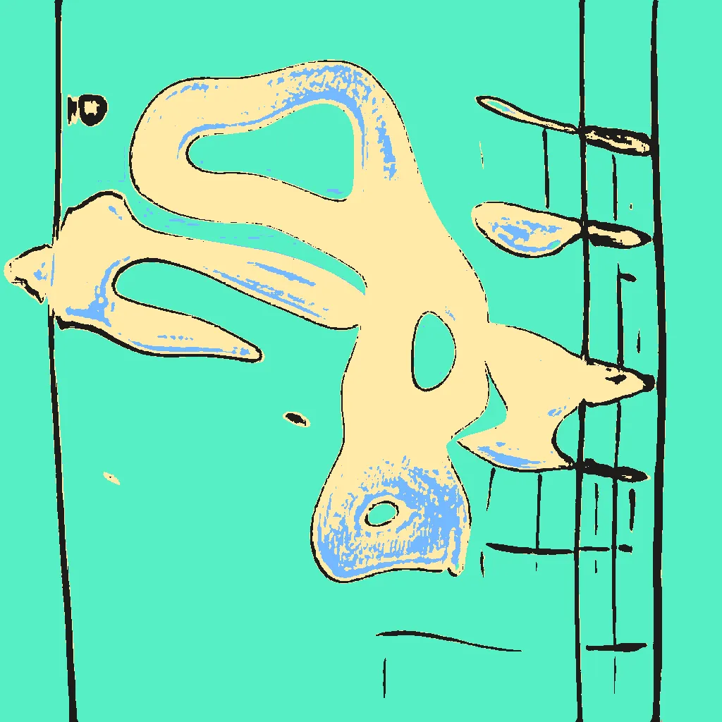 This series is part AI, part human analog art, and part human digital art. Pieces are generated using a neural generative model (AI) trained on the artist's physical sketchbook. Generations are re-rendered in a variety of palettes. The physical sketchbook had sketches, doodles, paper cutting, mandalas, zentangles -- often with a brief hand-written description. Taking the confluence of human and machine further, the pieces are interpreted by an AI model.