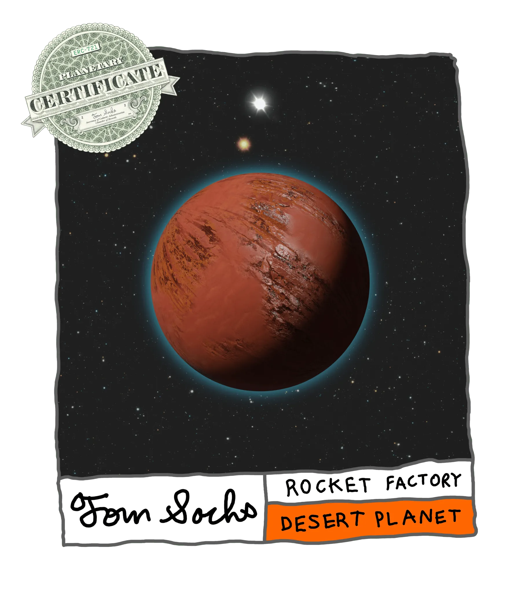 Final Frontier Planetary Certificates are a Collection of 1,000 unique hand-made generative worlds. 9 Unique Planetary Classifications are spread across 8 Galactic Zones containing 208 Star Systems.