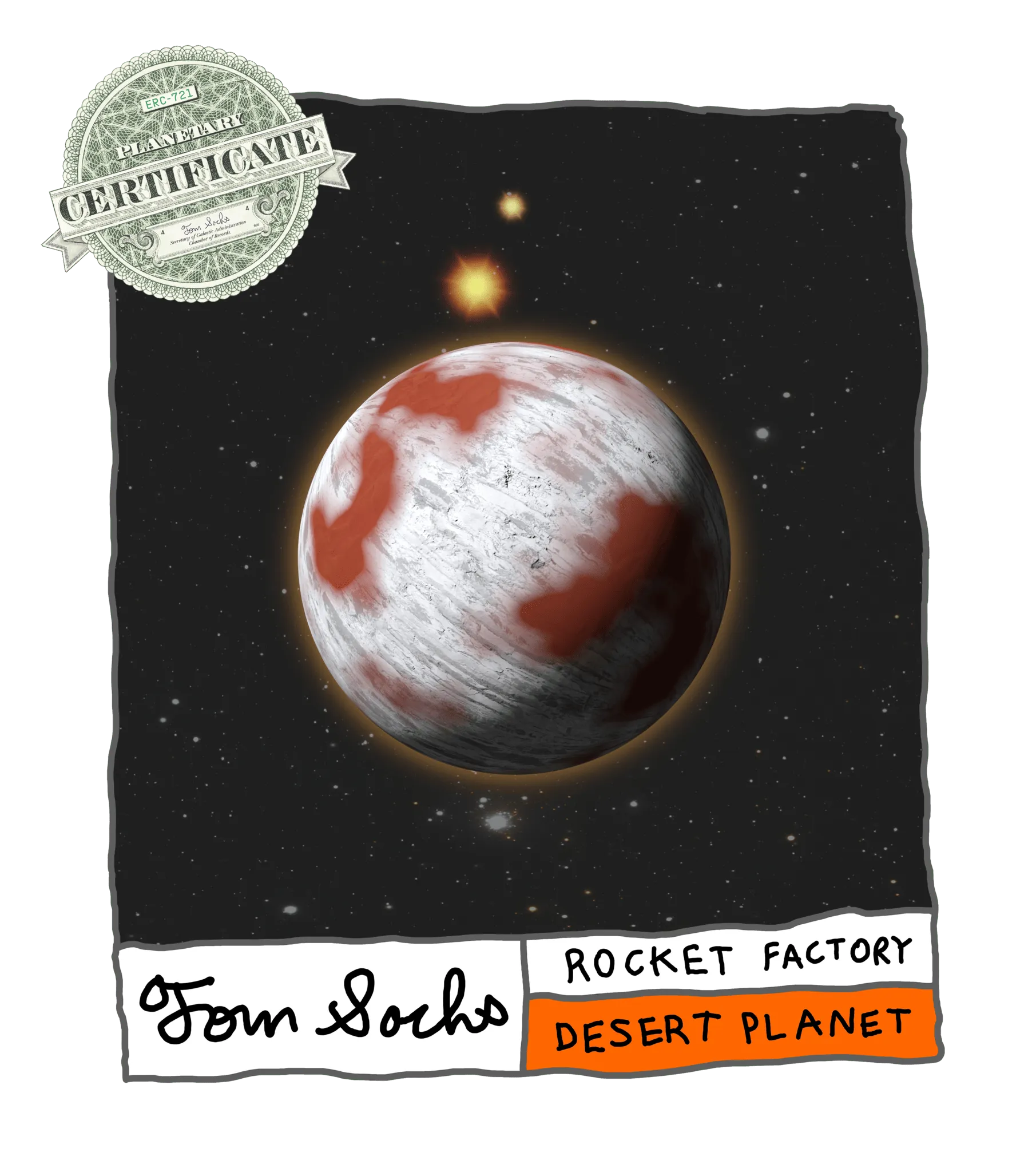 Final Frontier Planetary Certificates are a Collection of 1,000 unique hand-made generative worlds. 9 Unique Planetary Classifications are spread across 8 Galactic Zones containing 208 Star Systems.