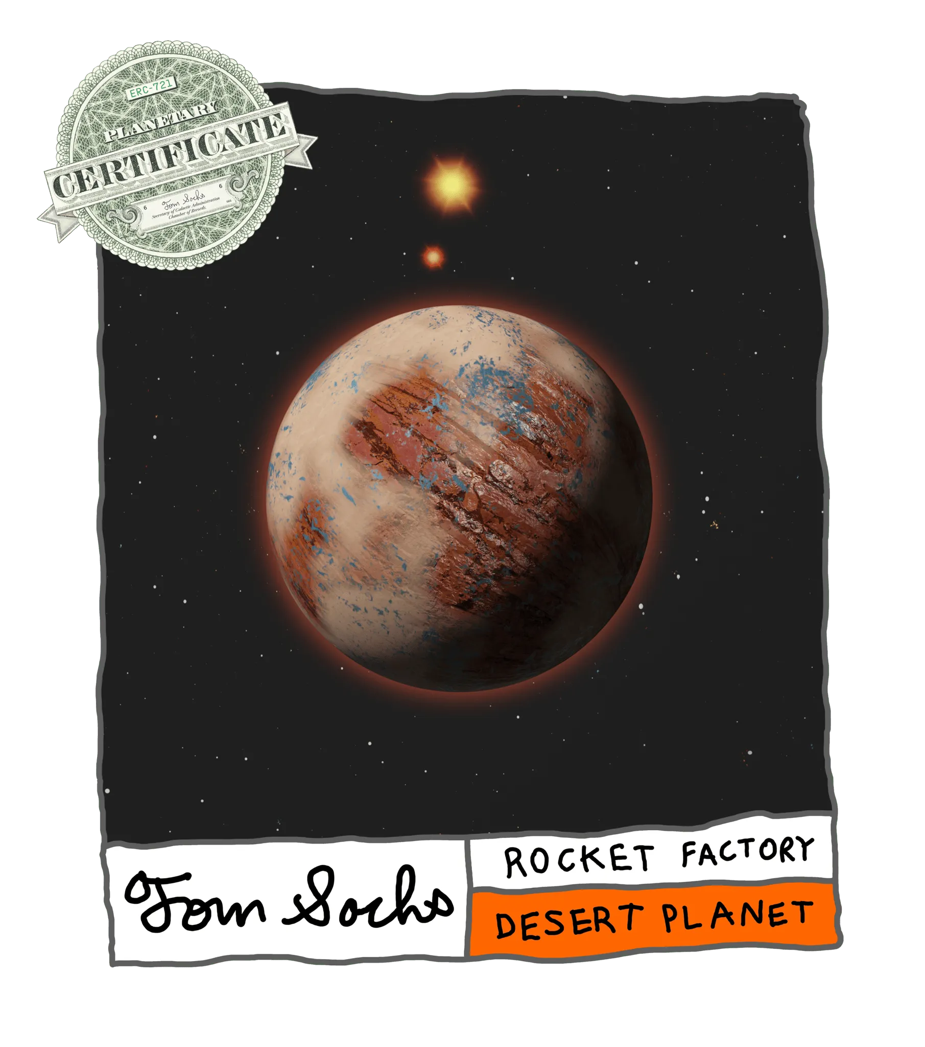 Final Frontier Planetary Certificates are a Collection of 1,000 unique hand-made generative worlds. 9 Unique Planetary Classifications are spread across 8 Galactic Zones containing 208 Star Systems.