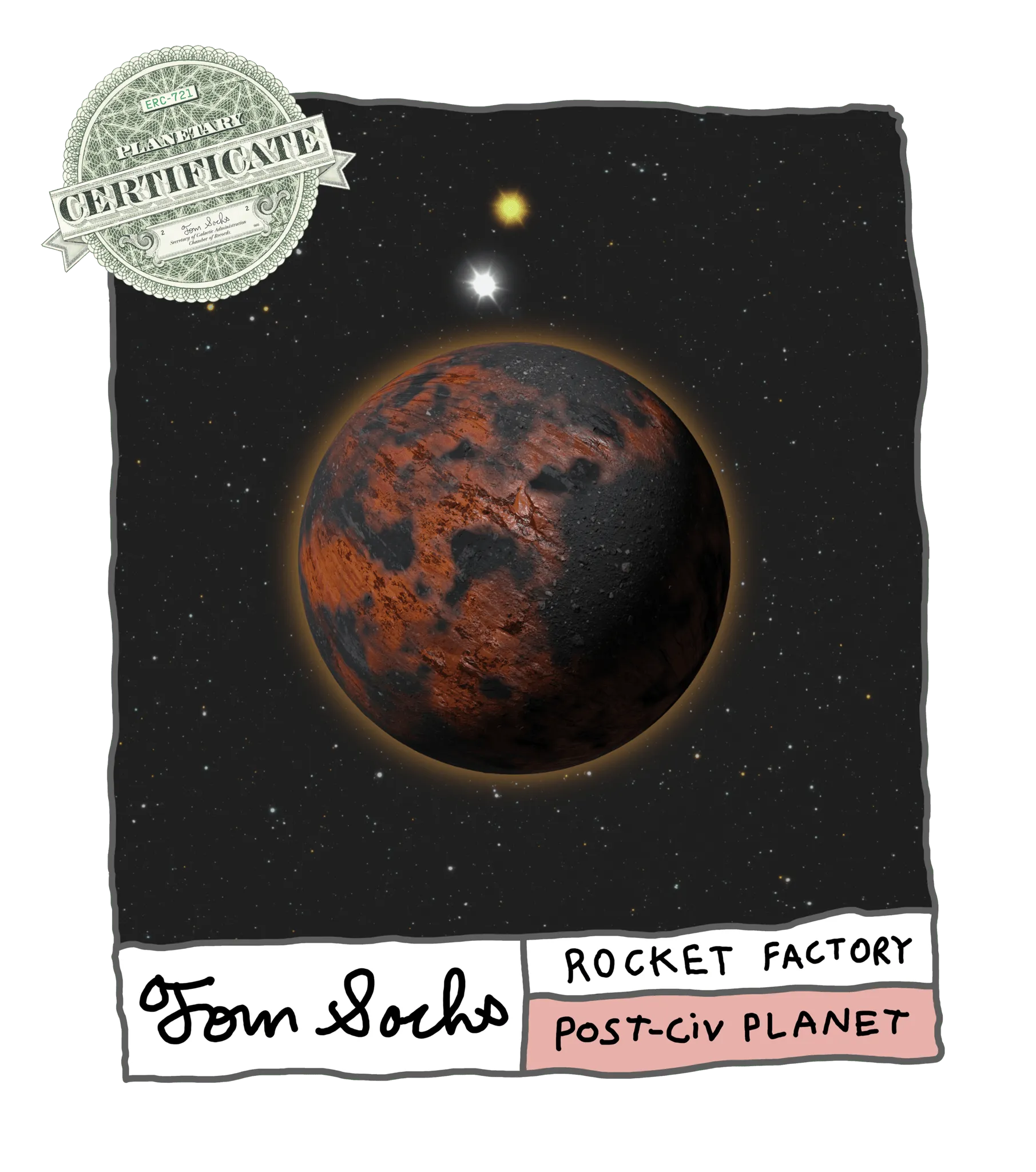 Final Frontier Planetary Certificates are a Collection of 1,000 unique hand-made generative worlds. 9 Unique Planetary Classifications are spread across 8 Galactic Zones containing 208 Star Systems.