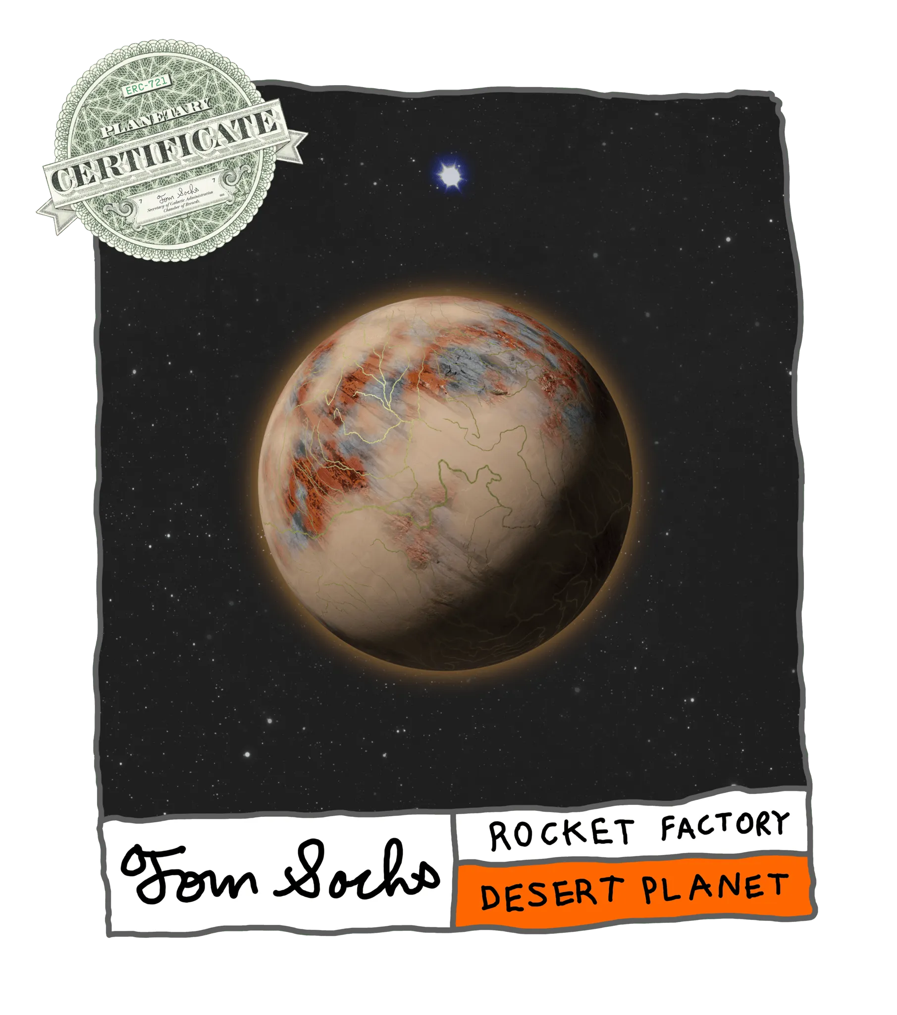 Final Frontier Planetary Certificates are a Collection of 1,000 unique hand-made generative worlds. 9 Unique Planetary Classifications are spread across 8 Galactic Zones containing 208 Star Systems.