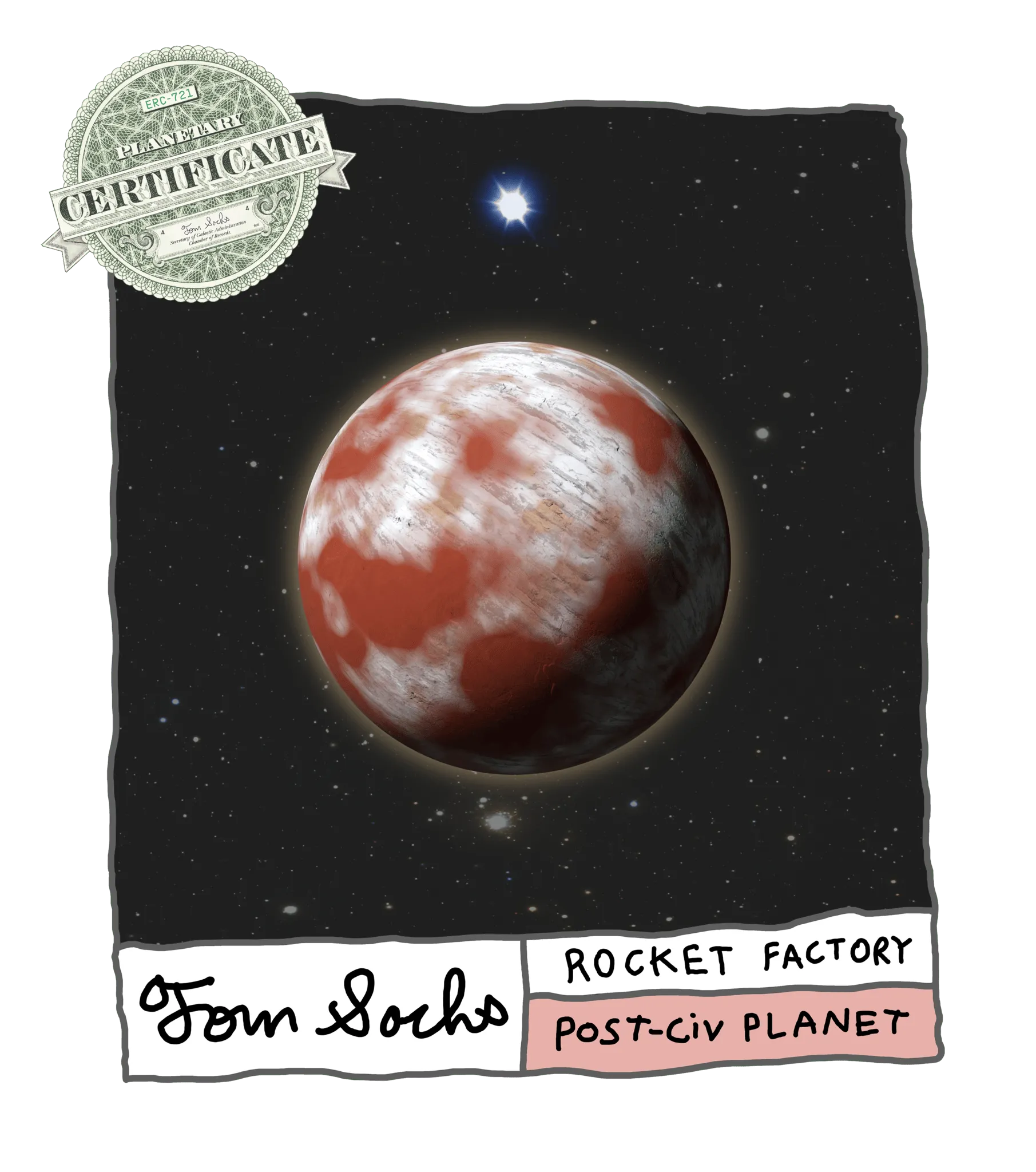 Final Frontier Planetary Certificates are a Collection of 1,000 unique hand-made generative worlds. 9 Unique Planetary Classifications are spread across 8 Galactic Zones containing 208 Star Systems.