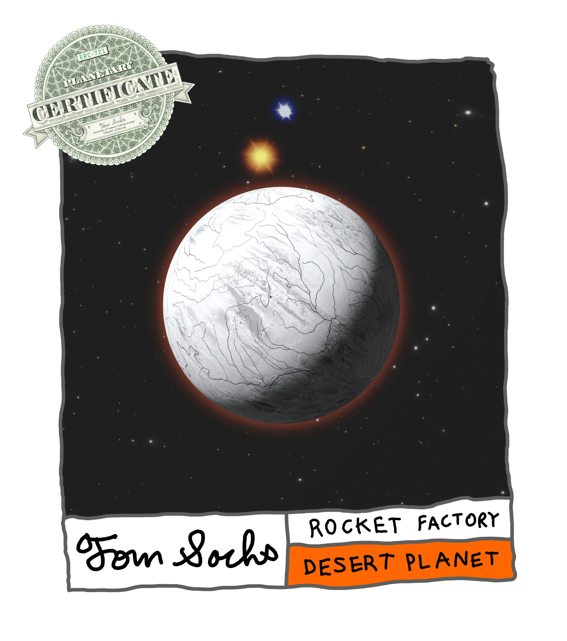 Final Frontier Planetary Certificates are a Collection of 1,000 unique hand-made generative worlds. 9 Unique Planetary Classifications are spread across 8 Galactic Zones containing 208 Star Systems.