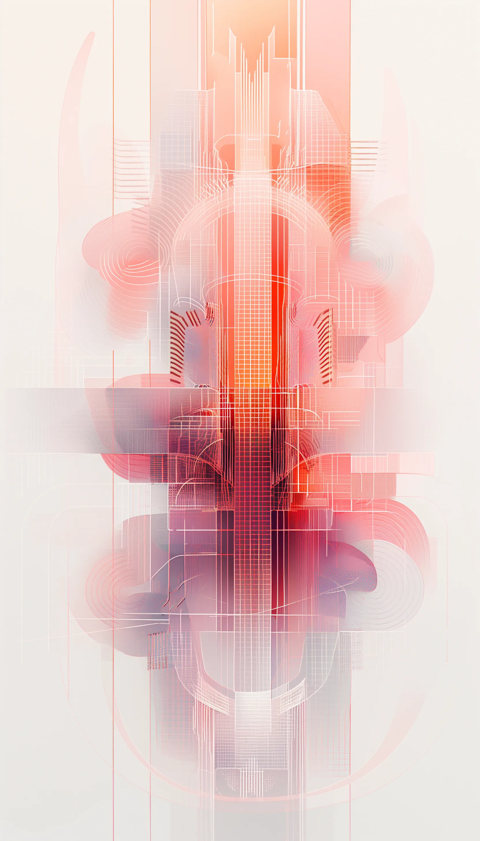 "Crimson Echoes" is a visual poem from the "Velocity Visions" series, a digital canvas where the urban pulse is captured through the blending of architectural silhouettes and the fluidity of sound waves. Layer upon layer, it features soft gradients from blush to bold coral, with a cadence of linear elements that trace the invisible paths of digital communication. This art piece is a contemplation on the resonance of the digital age—its vast networks and the vibrant lifeblood of information coursing through its veins.