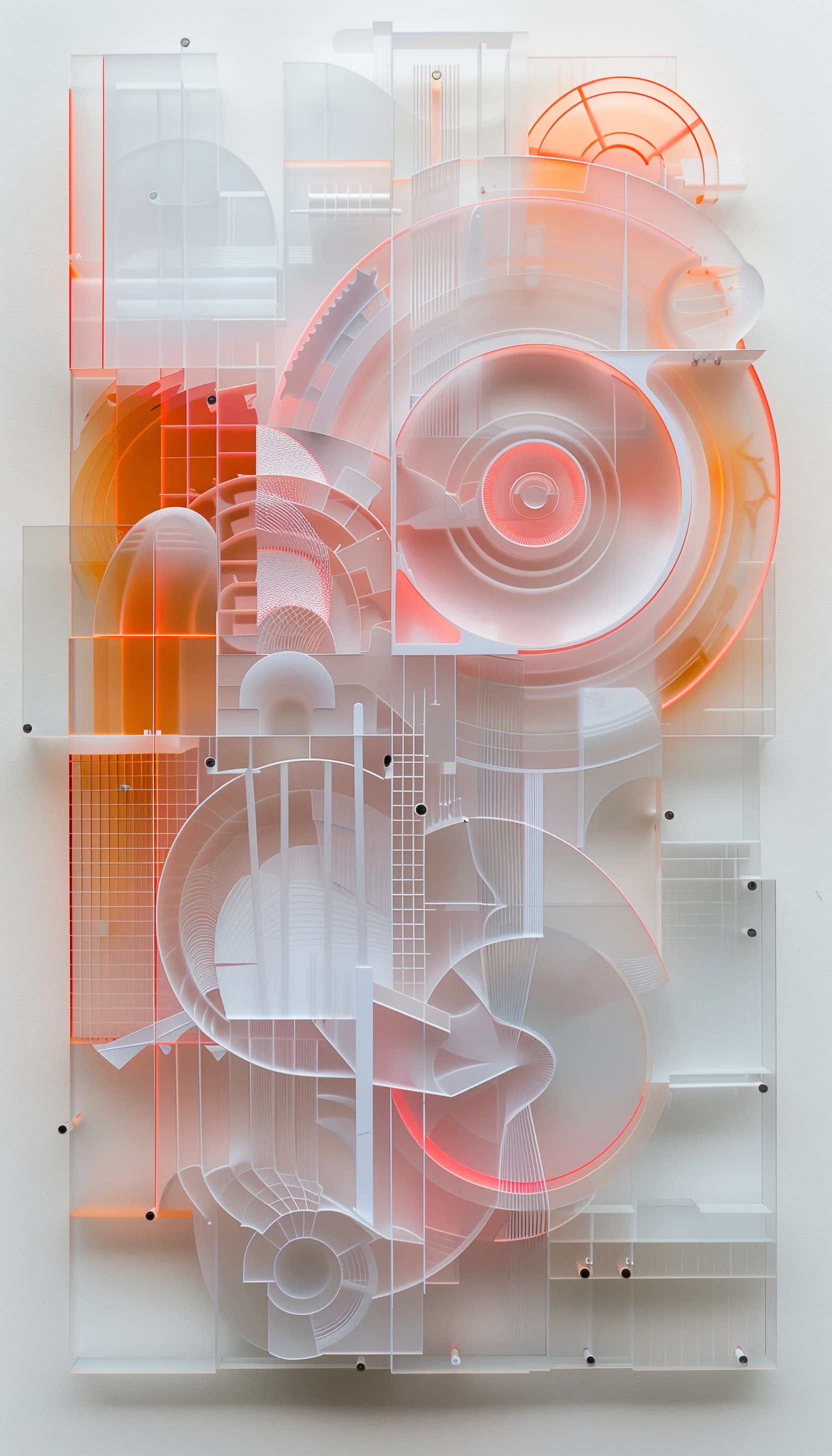 "Mechanical Resonance" channels the essence of "Velocity Visions" through a synthesis of engineered precision and digital aesthetics. The piece simulates layered acrylic, with detailed technical drawings of mechanical gears and structures in white, contrasted against a gradient of warm coral to pale peach. The composition captures the rhythm of machinery and the grace of technological innovation, evoking a sense of perpetual motion and the advancement of human ingenuity within the digital epoch.