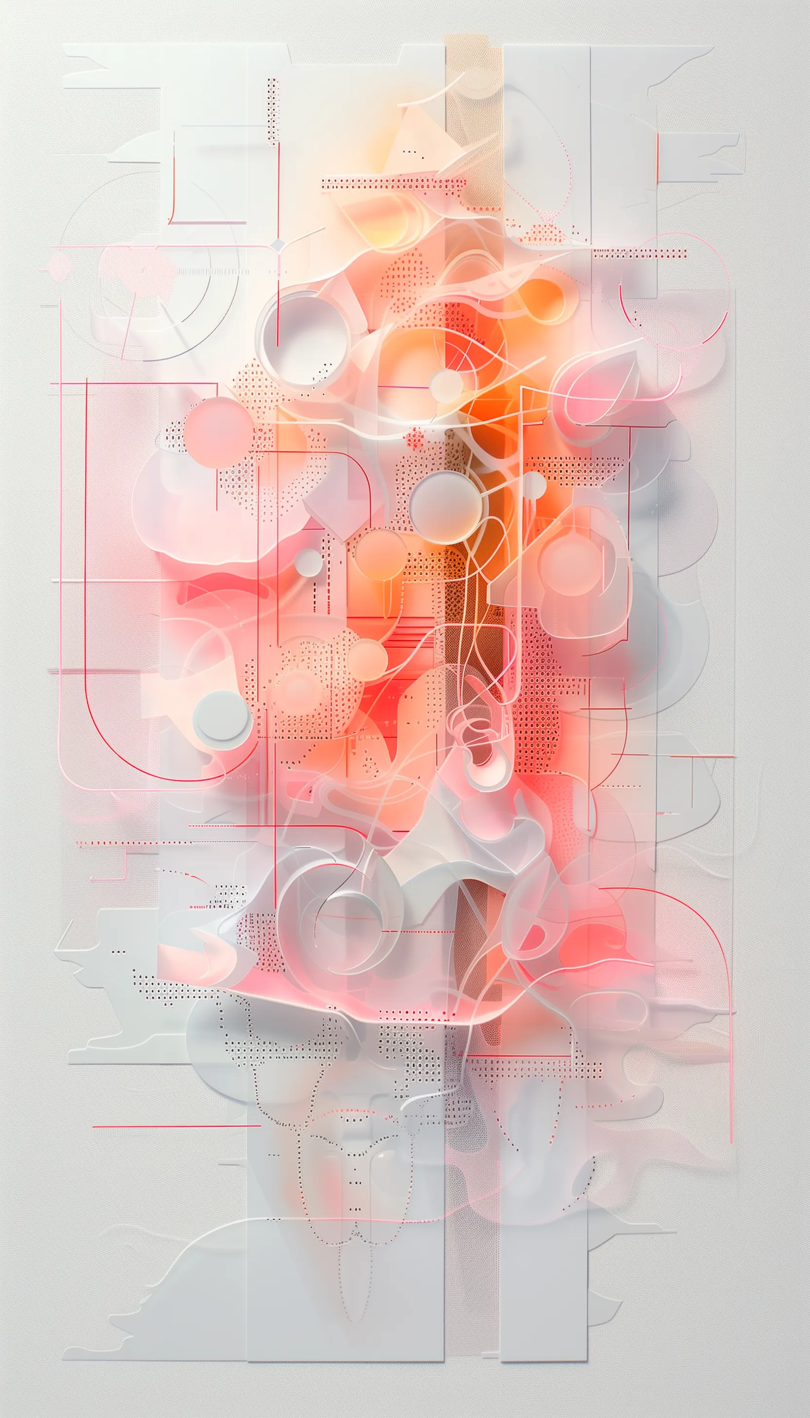 Layers of translucent materials create a complex interplay of soft, glowing forms, merging coral hues with delicate whites. Evocative of digital networks and organic structures, it suggests interconnected systems' beauty. The artwork invites reflection on the intricate dance of technology with the natural world, illuminating the silent poetry of circuits and cells.